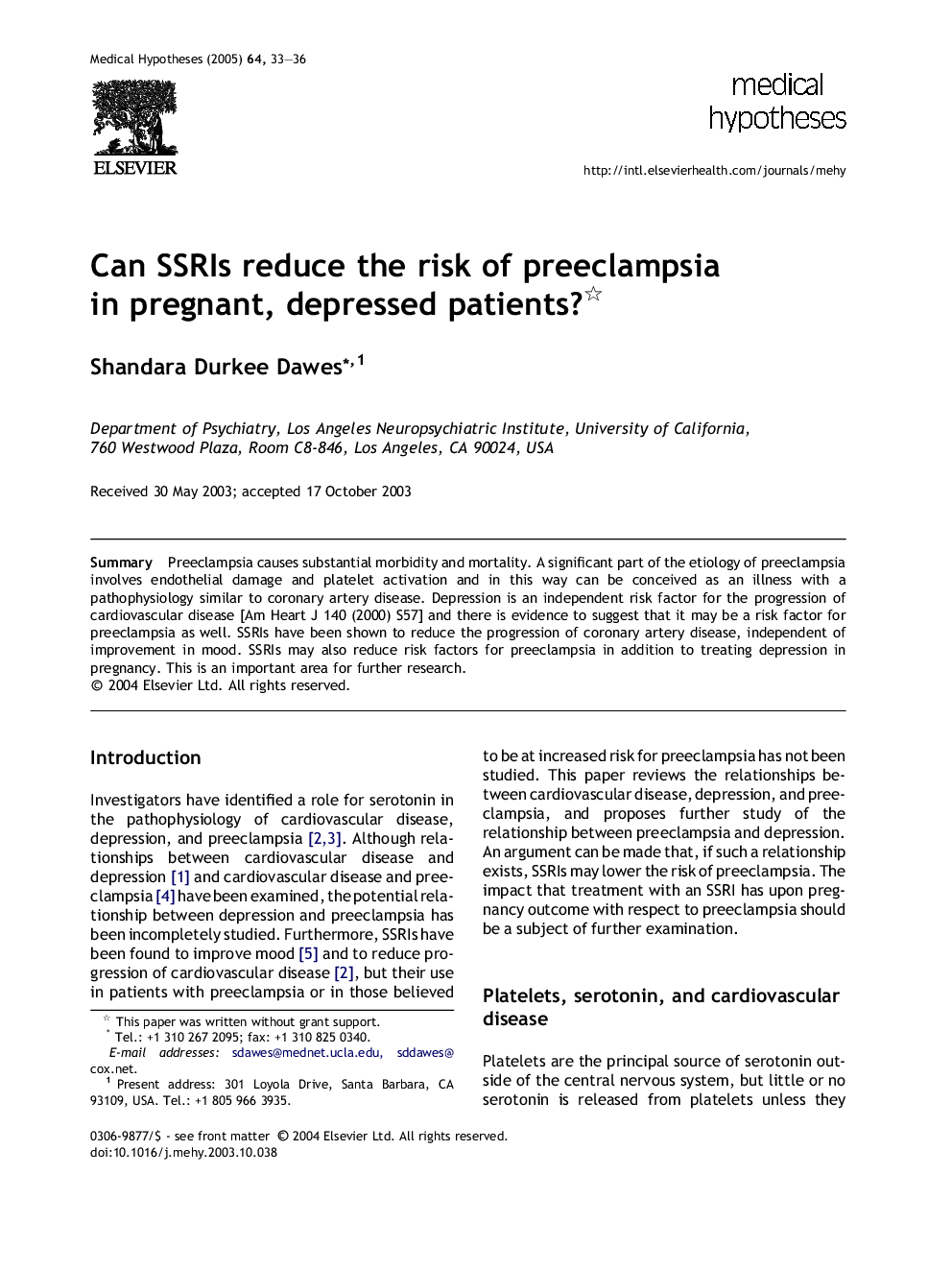 Can SSRIs reduce the risk of preeclampsia in pregnant, depressed patients?