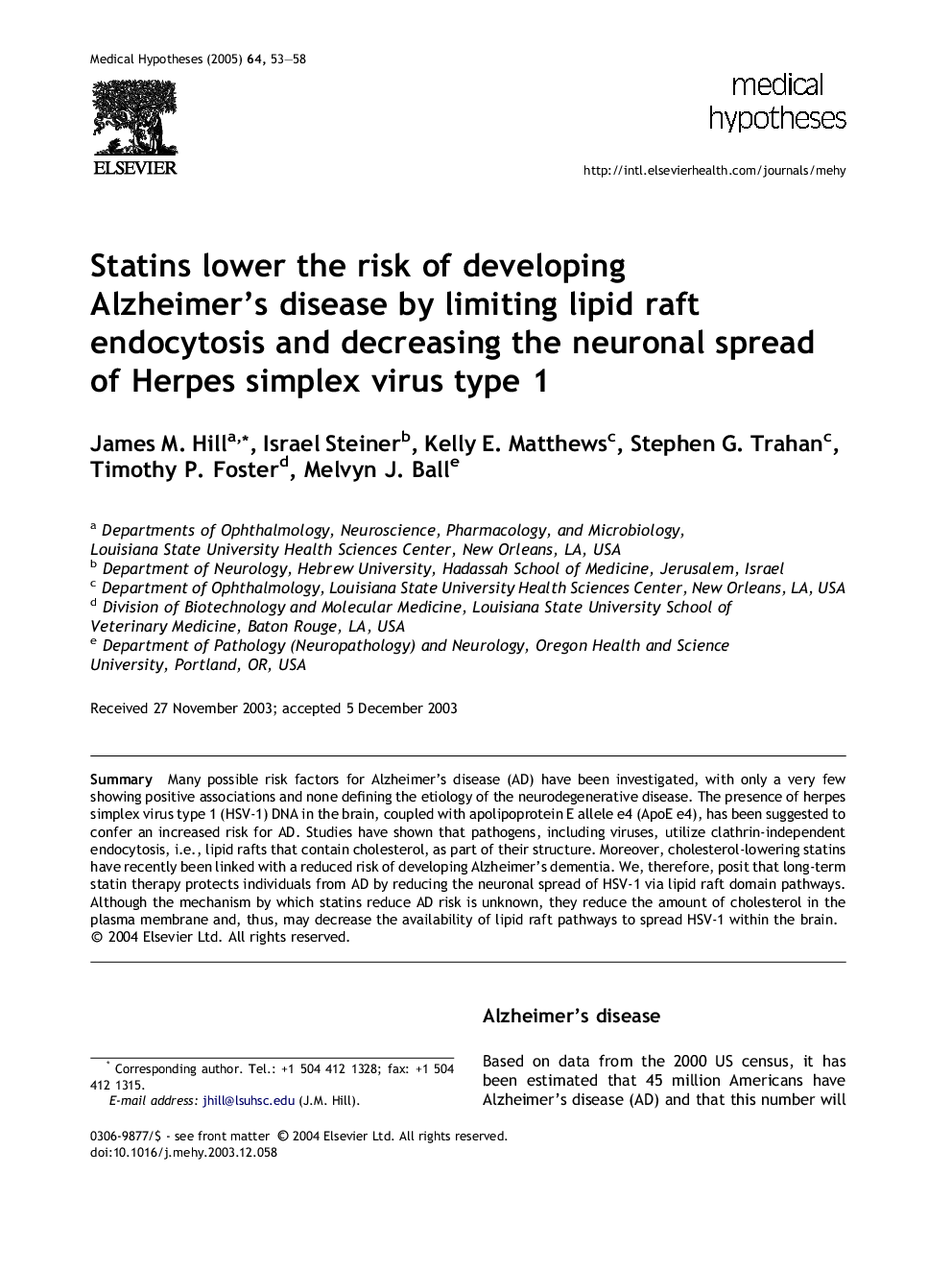 Statins lower the risk of developing Alzheimer's disease by limiting lipid raft endocytosis and decreasing the neuronal spread of Herpes simplex virus type 1