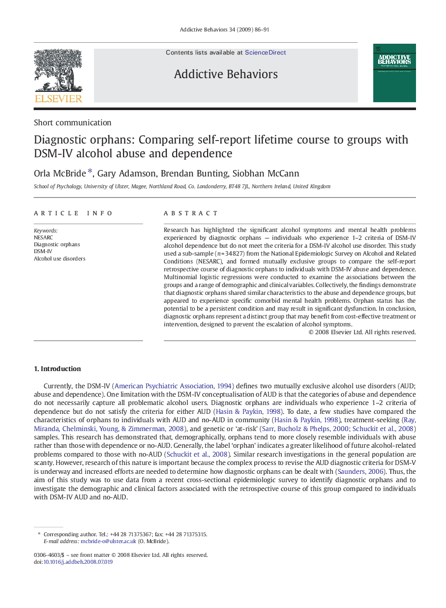 Diagnostic orphans: Comparing self-report lifetime course to groups with DSM-IV alcohol abuse and dependence