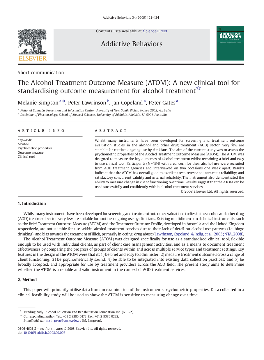 The Alcohol Treatment Outcome Measure (ATOM): A new clinical tool for standardising outcome measurement for alcohol treatment 