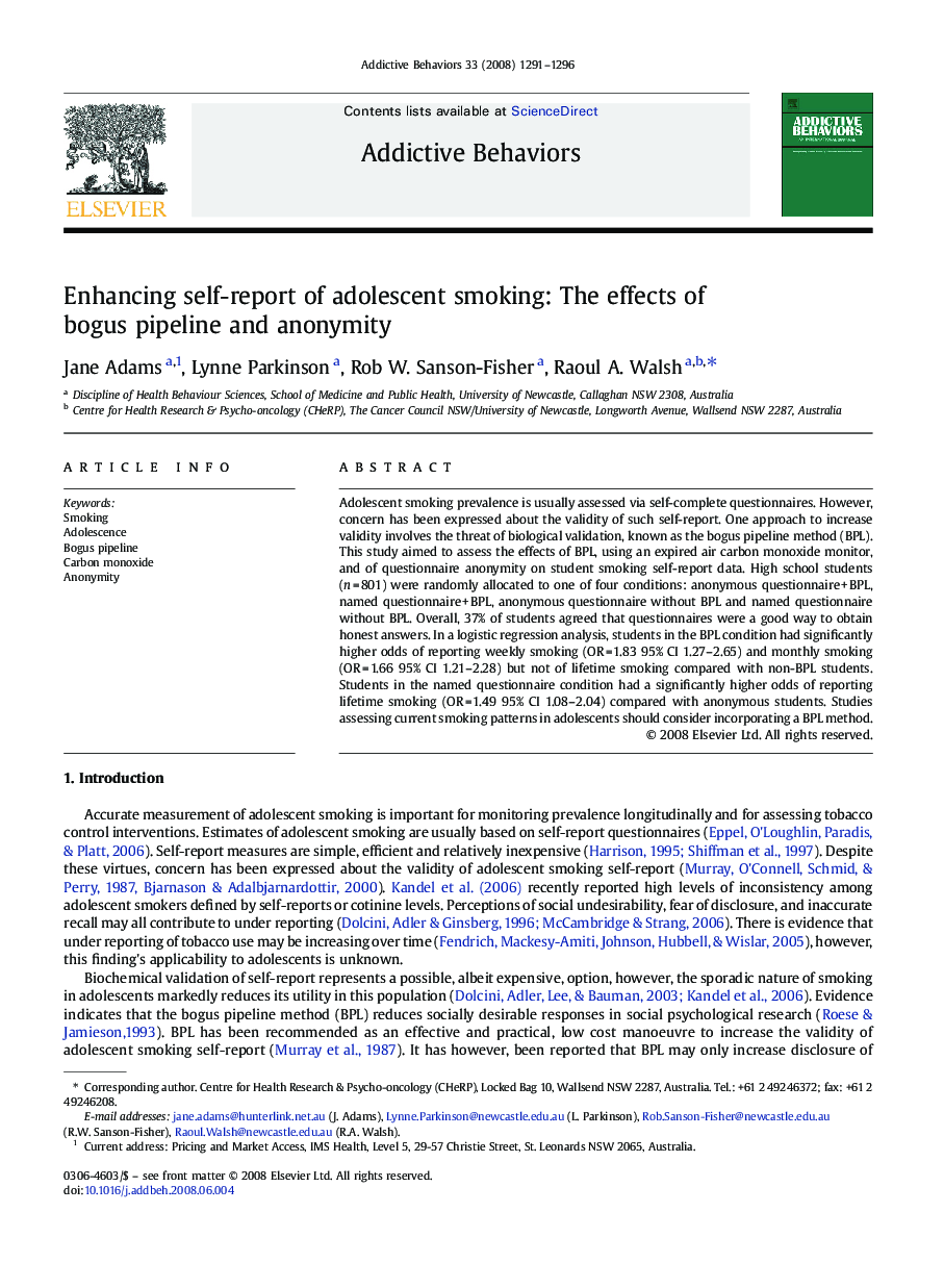 Enhancing self-report of adolescent smoking: The effects of bogus pipeline and anonymity