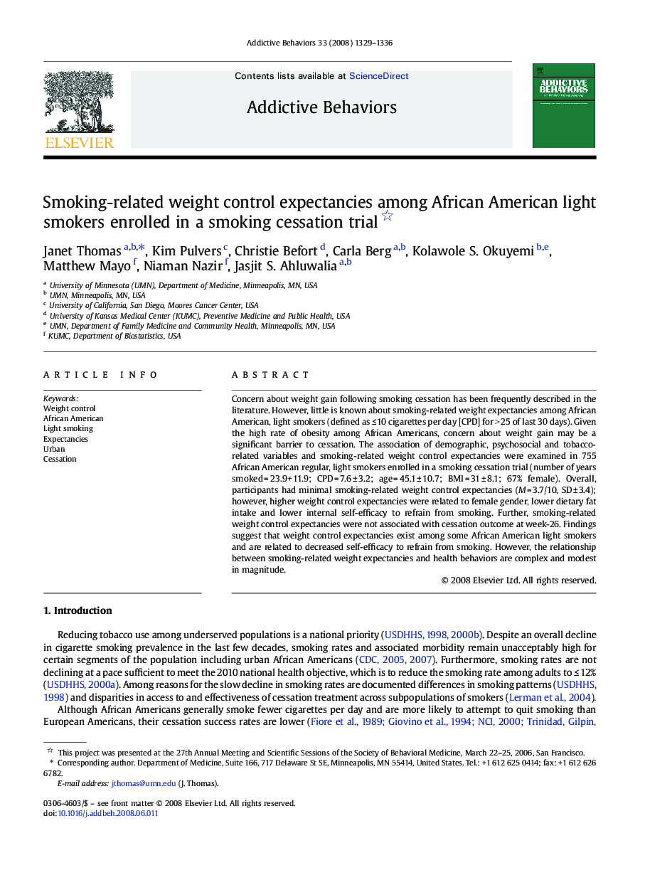 Smoking-related weight control expectancies among African American light smokers enrolled in a smoking cessation trial 