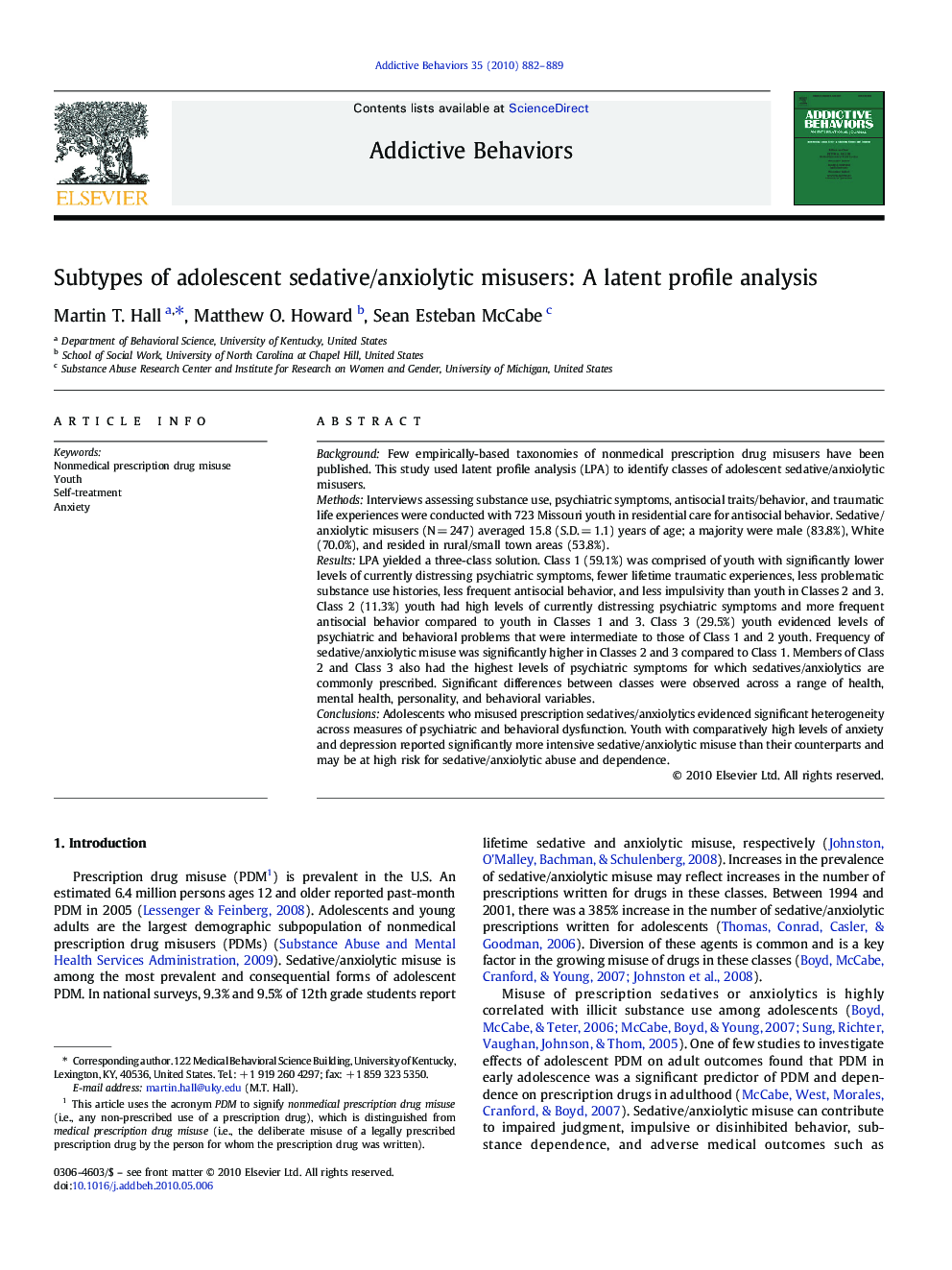 Subtypes of adolescent sedative/anxiolytic misusers: A latent profile analysis