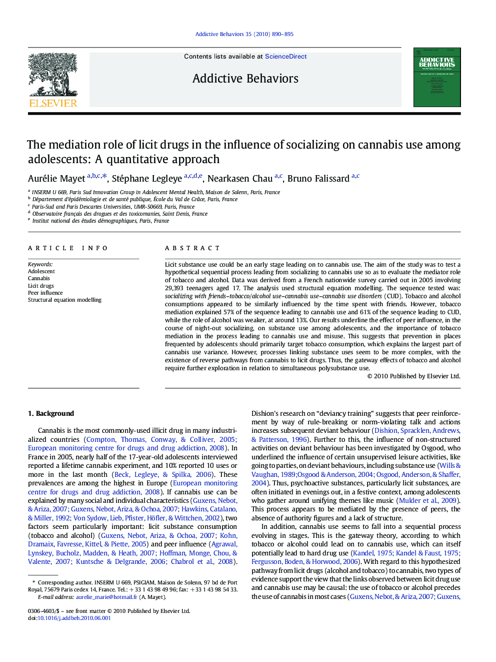 The mediation role of licit drugs in the influence of socializing on cannabis use among adolescents: A quantitative approach