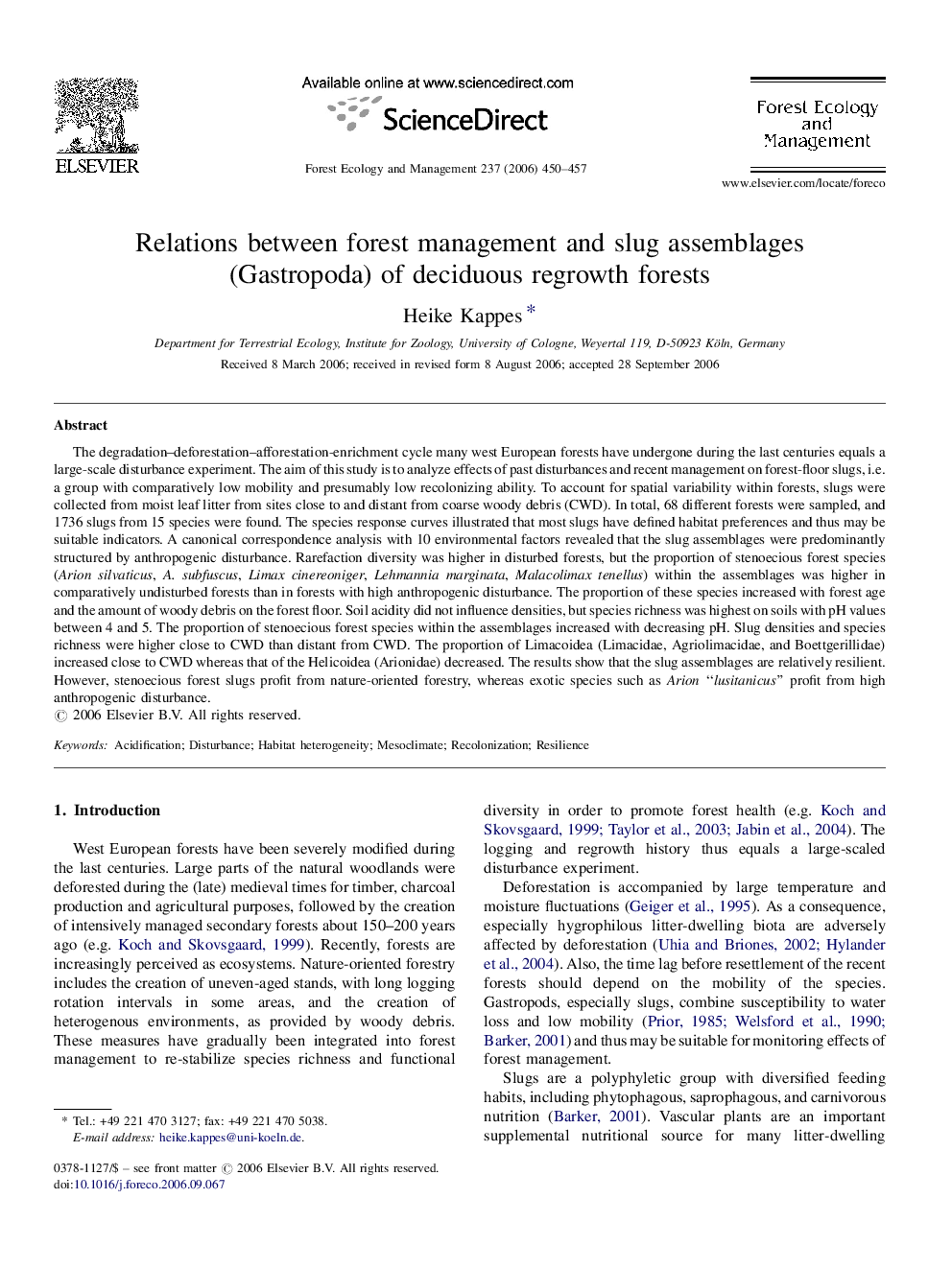 Relations between forest management and slug assemblages (Gastropoda) of deciduous regrowth forests