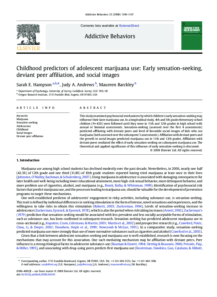 Childhood predictors of adolescent marijuana use: Early sensation-seeking, deviant peer affiliation, and social images
