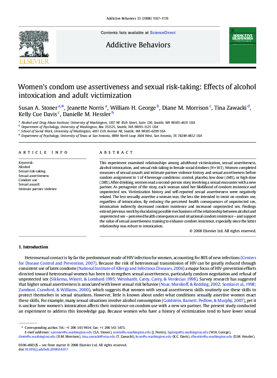 Women's condom use assertiveness and sexual risk-taking: Effects of alcohol intoxication and adult victimization