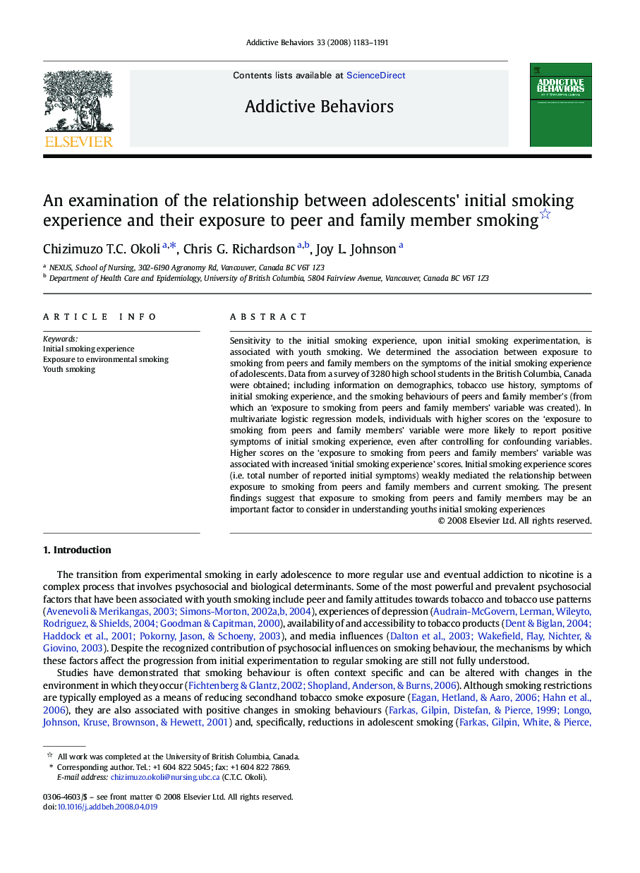 An examination of the relationship between adolescents' initial smoking experience and their exposure to peer and family member smoking 