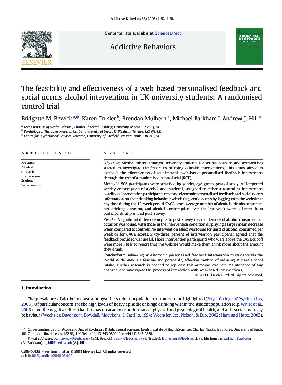 The feasibility and effectiveness of a web-based personalised feedback and social norms alcohol intervention in UK university students: A randomised control trial