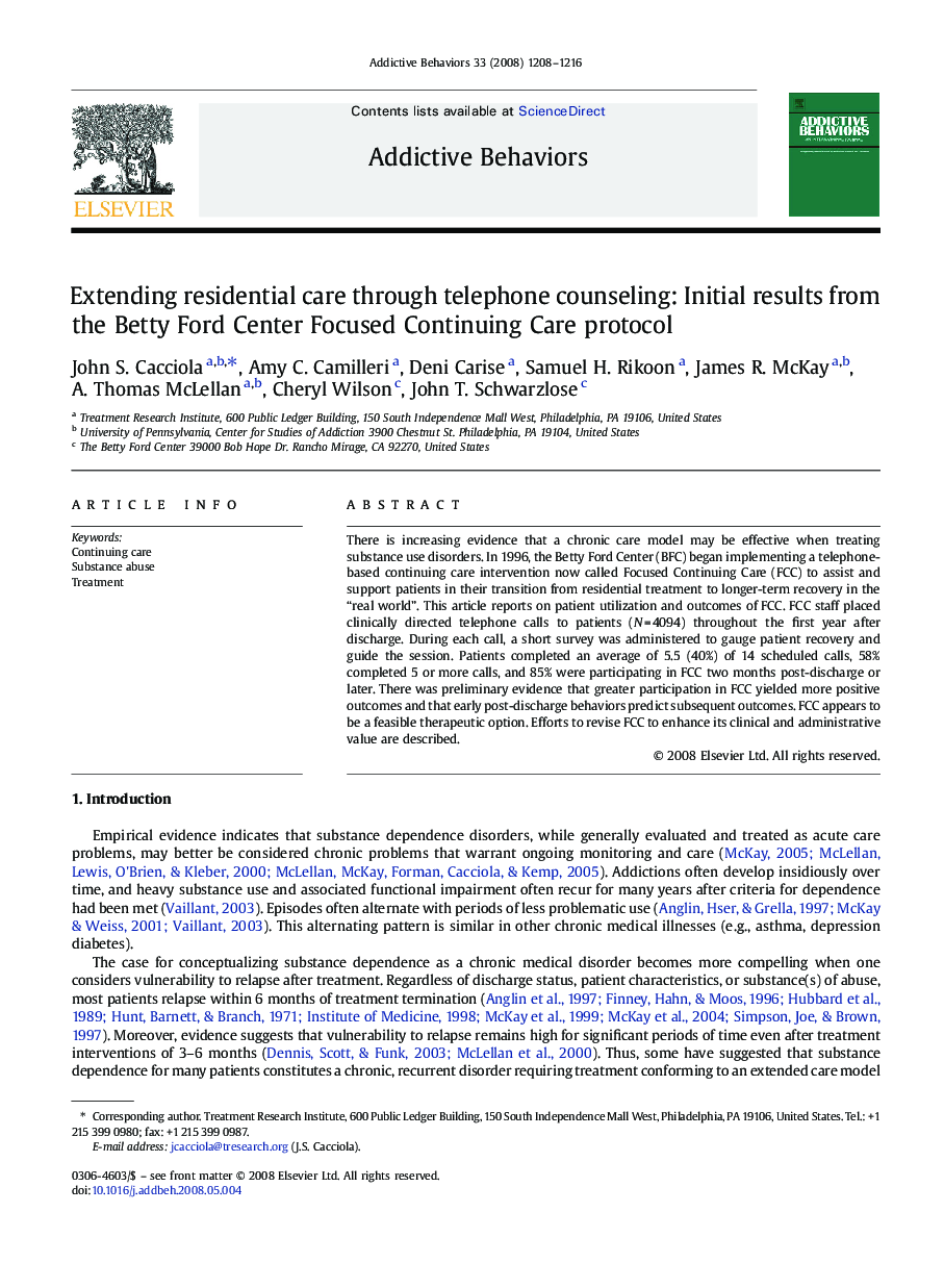 Extending residential care through telephone counseling: Initial results from the Betty Ford Center Focused Continuing Care protocol