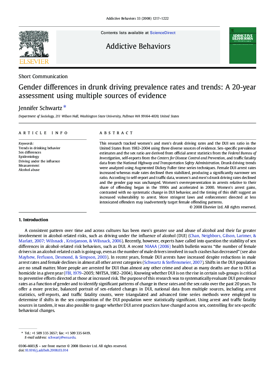 Gender differences in drunk driving prevalence rates and trends: A 20-year assessment using multiple sources of evidence