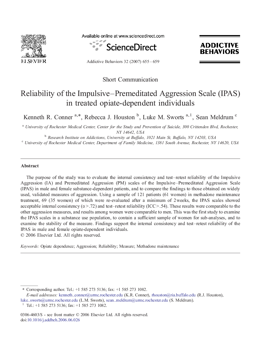 عکس صفحه اول مقاله: Reliability of the Impulsive–Premeditated Aggression Scale (IPAS) in treated opiate-dependent individuals Reliability of the Impulsive–Premeditated Aggression Scale (IPAS) in treated opiate-dependent individuals