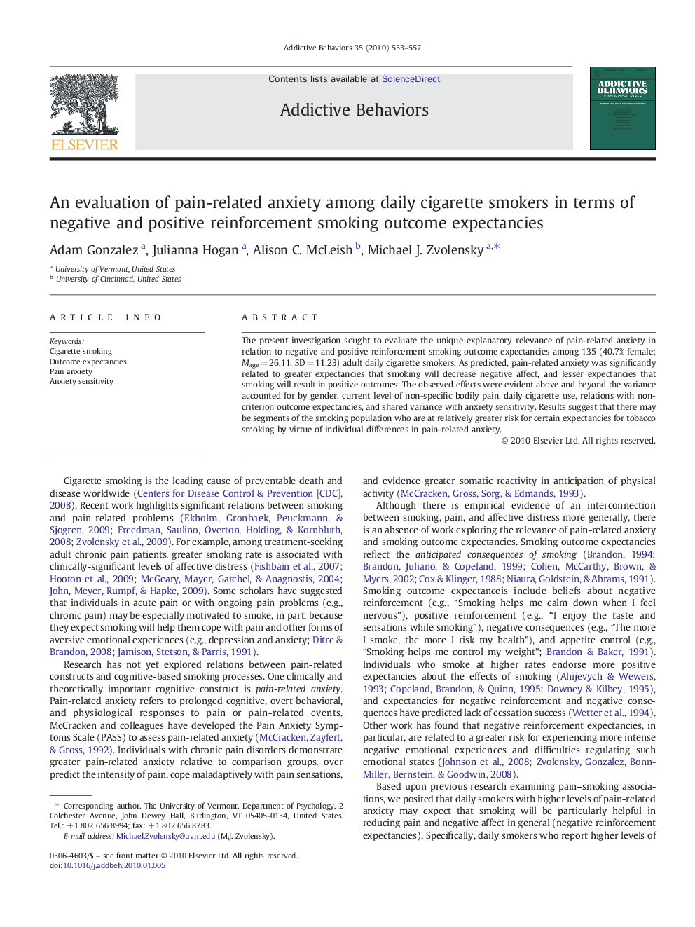 An evaluation of pain-related anxiety among daily cigarette smokers in terms of negative and positive reinforcement smoking outcome expectancies