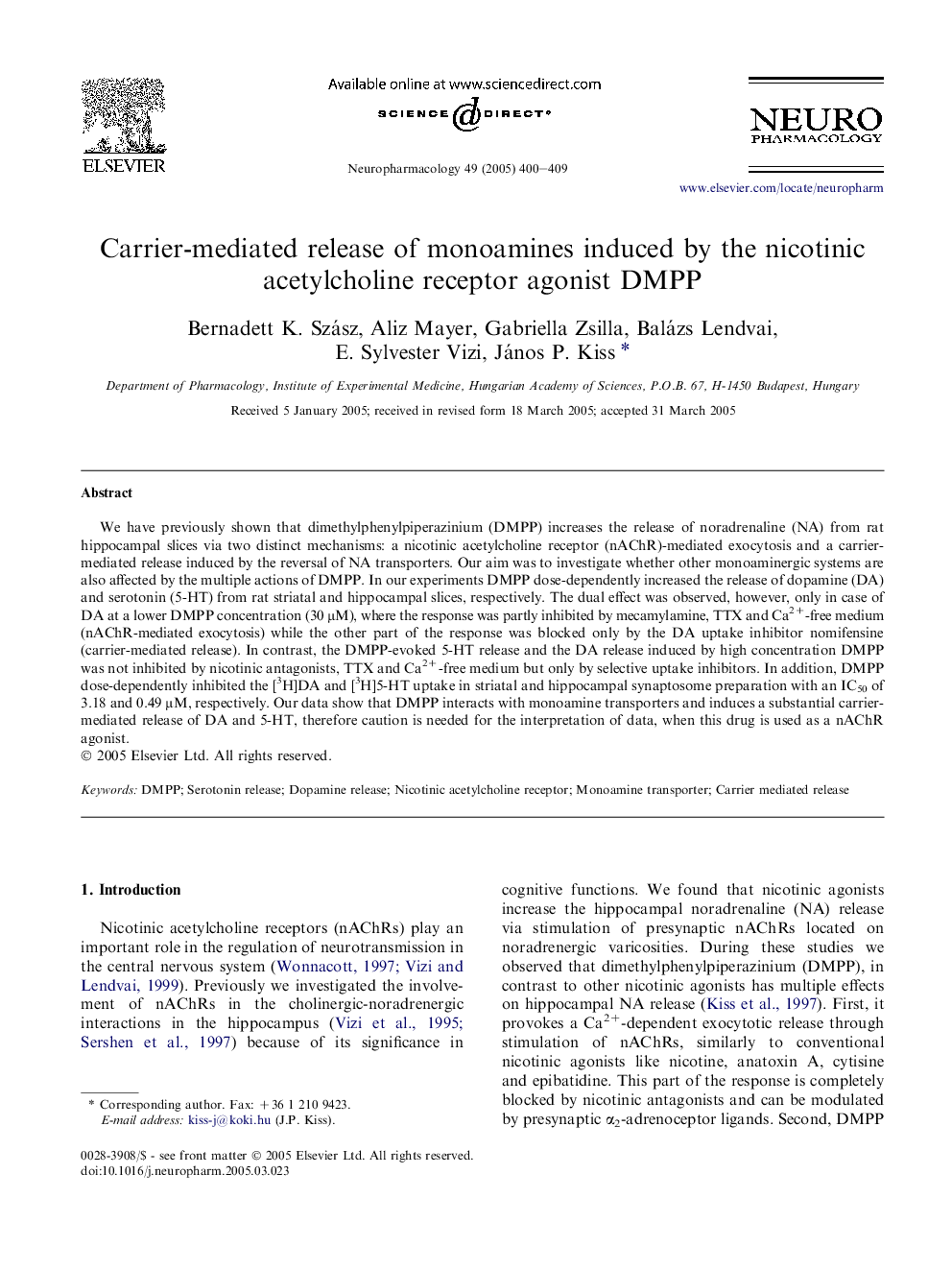 Carrier-mediated release of monoamines induced by the nicotinic acetylcholine receptor agonist DMPP