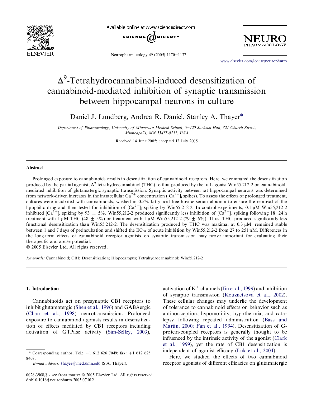 Î9-Tetrahydrocannabinol-induced desensitization of cannabinoid-mediated inhibition of synaptic transmission between hippocampal neurons in culture