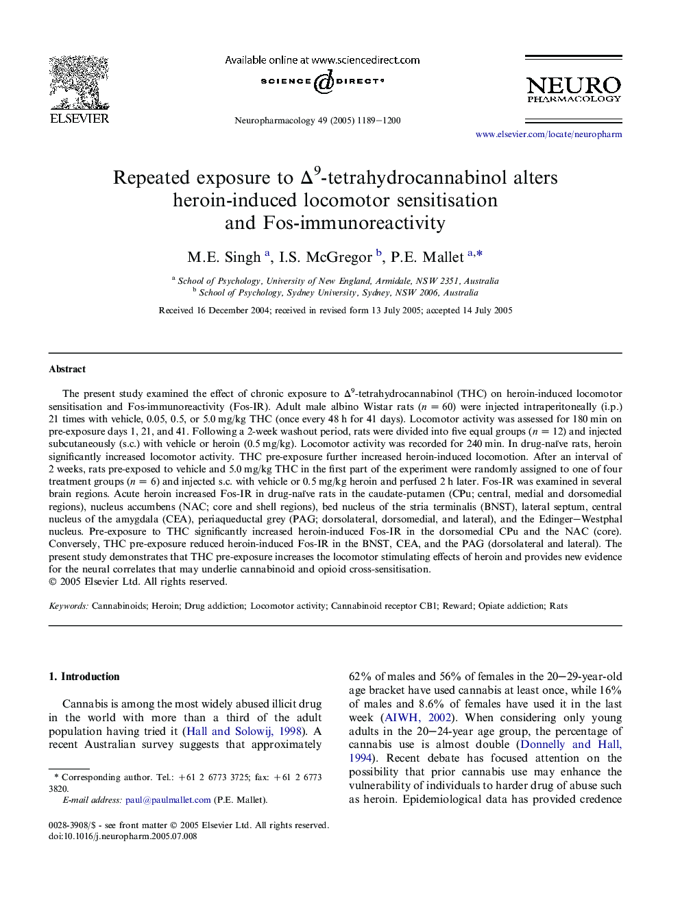 Repeated exposure to Î9-tetrahydrocannabinol alters heroin-induced locomotor sensitisation and Fos-immunoreactivity