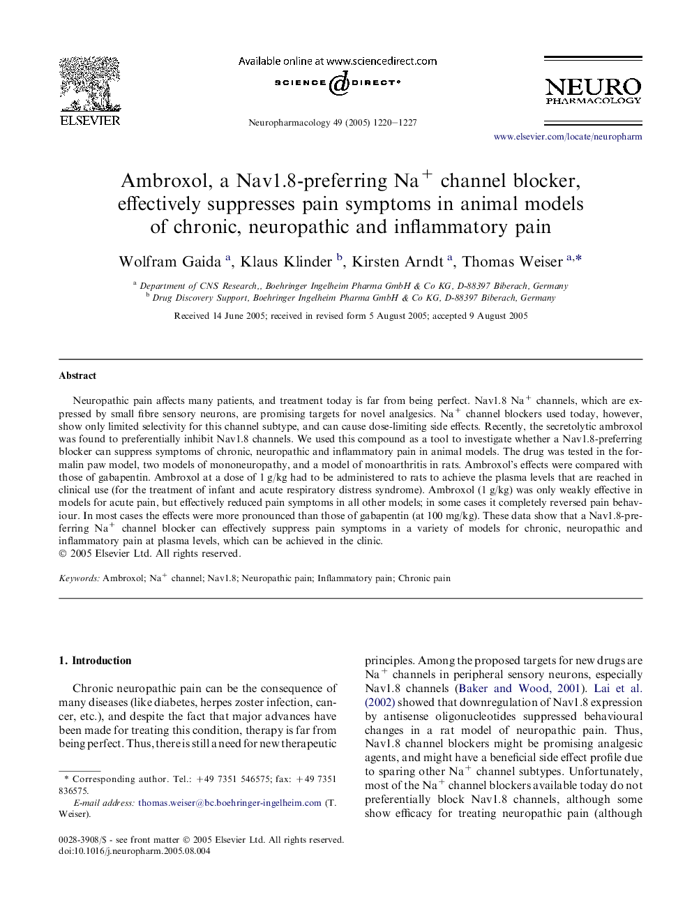 Ambroxol, a Nav1.8-preferring Na+ channel blocker, effectively suppresses pain symptoms in animal models of chronic, neuropathic and inflammatory pain