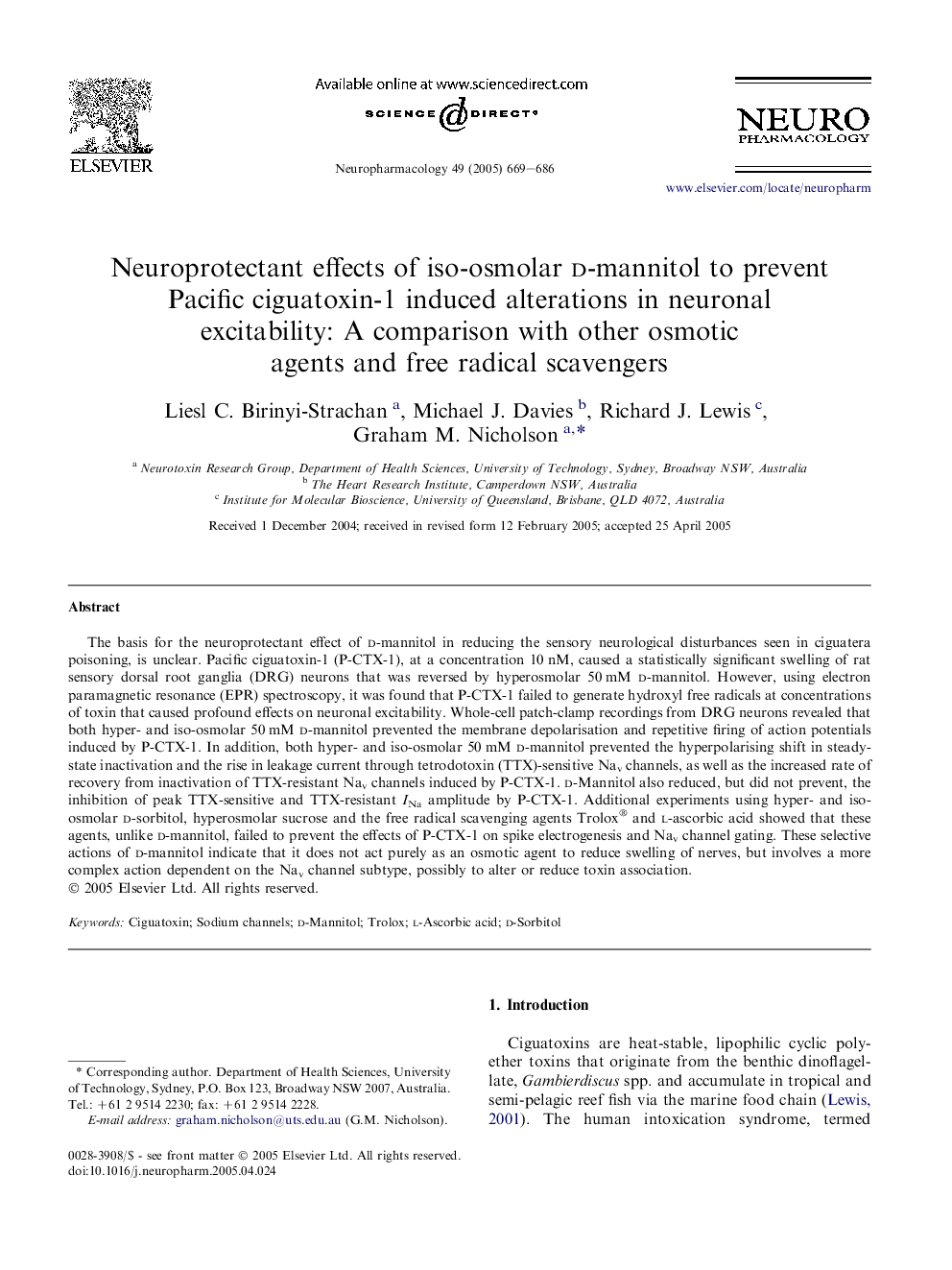 Neuroprotectant effects of iso-osmolar d-mannitol to prevent Pacific ciguatoxin-1 induced alterations in neuronal excitability: A comparison with other osmotic agents and free radical scavengers