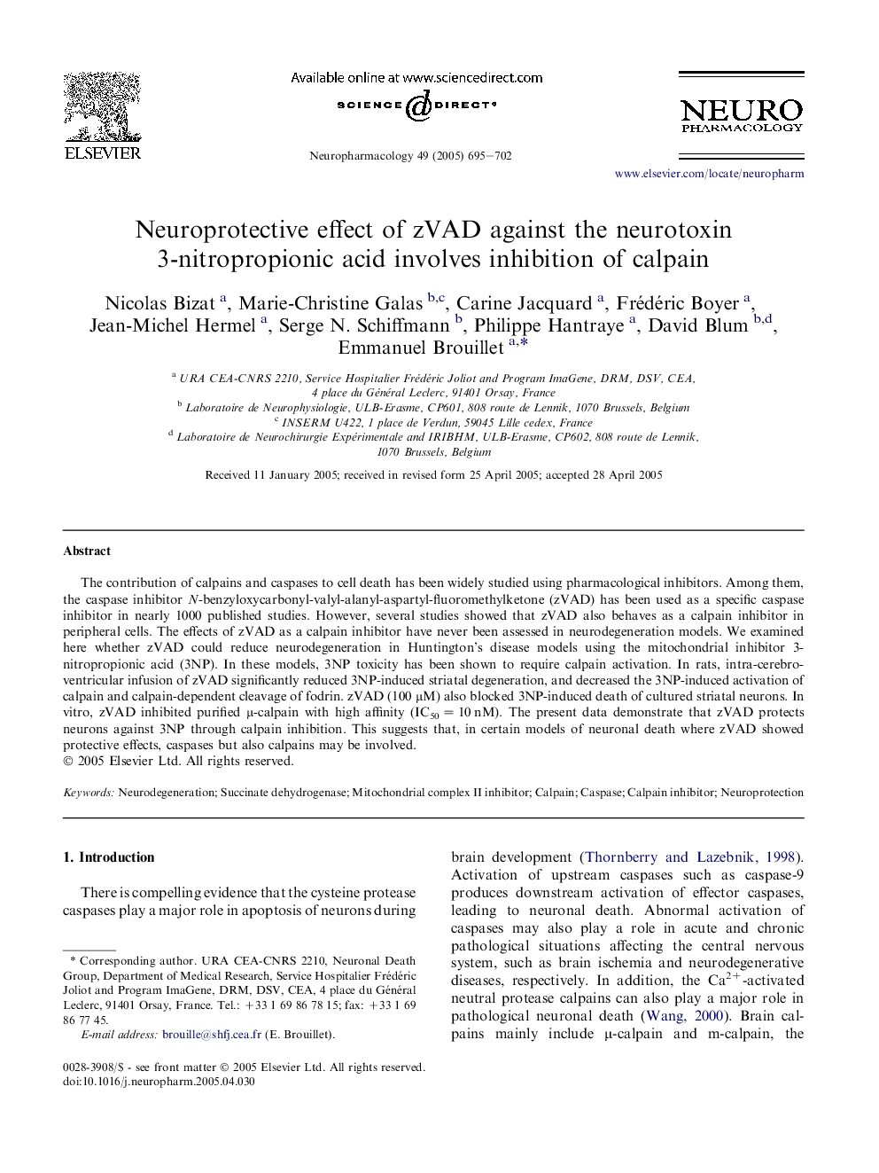 Neuroprotective effect of zVAD against the neurotoxin 3-nitropropionic acid involves inhibition of calpain