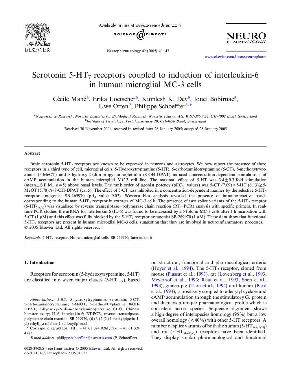Serotonin 5-HT7 receptors coupled to induction of interleukin-6 in human microglial MC-3 cells