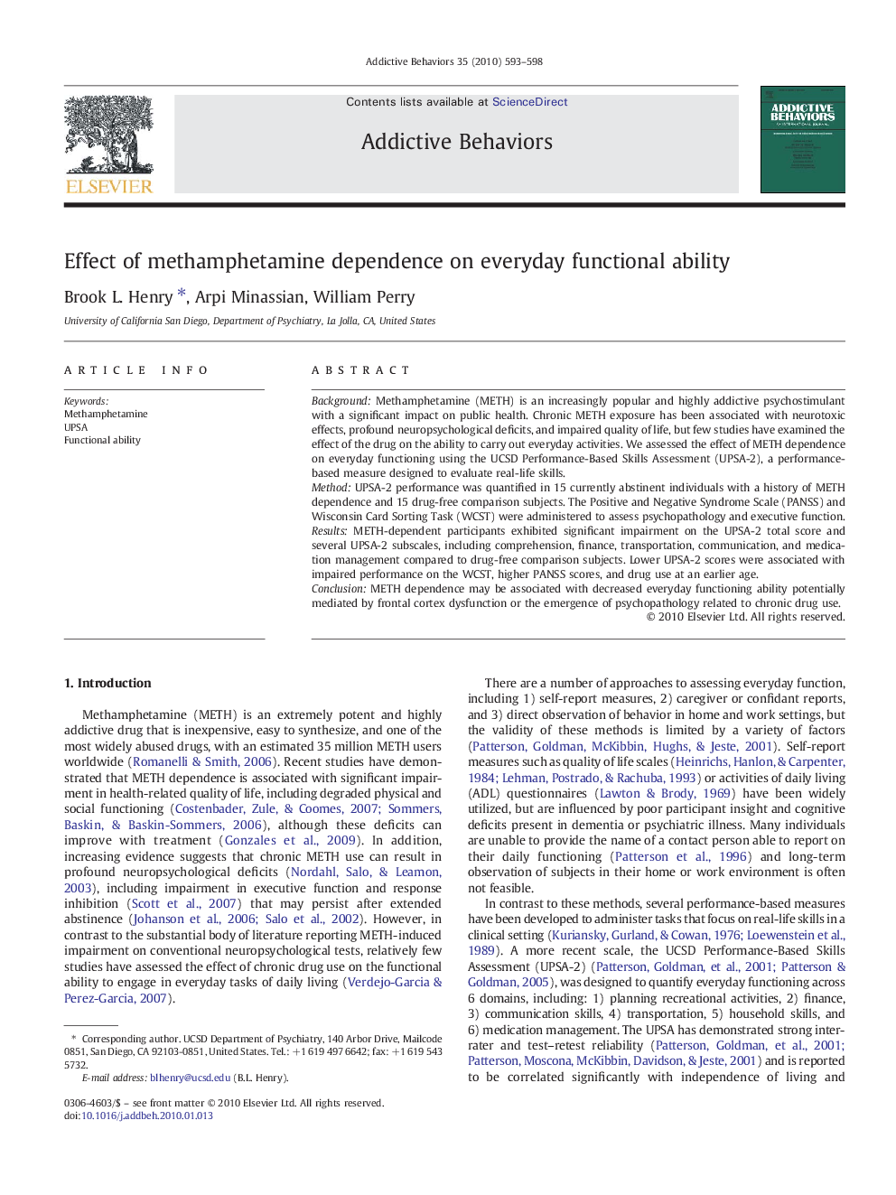 Effect of methamphetamine dependence on everyday functional ability