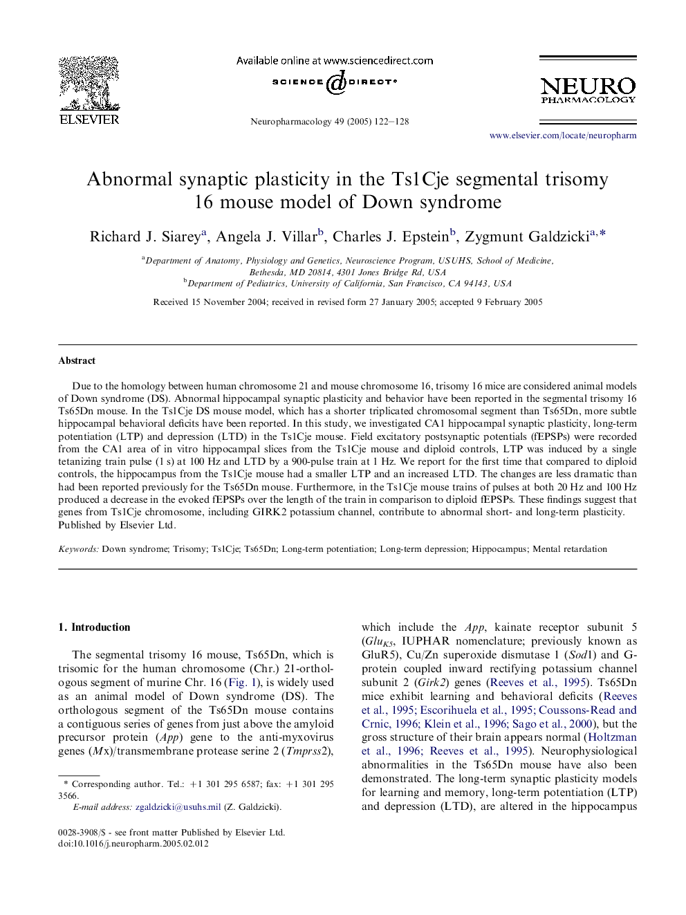 Abnormal synaptic plasticity in the Ts1Cje segmental trisomy 16 mouse model of Down syndrome