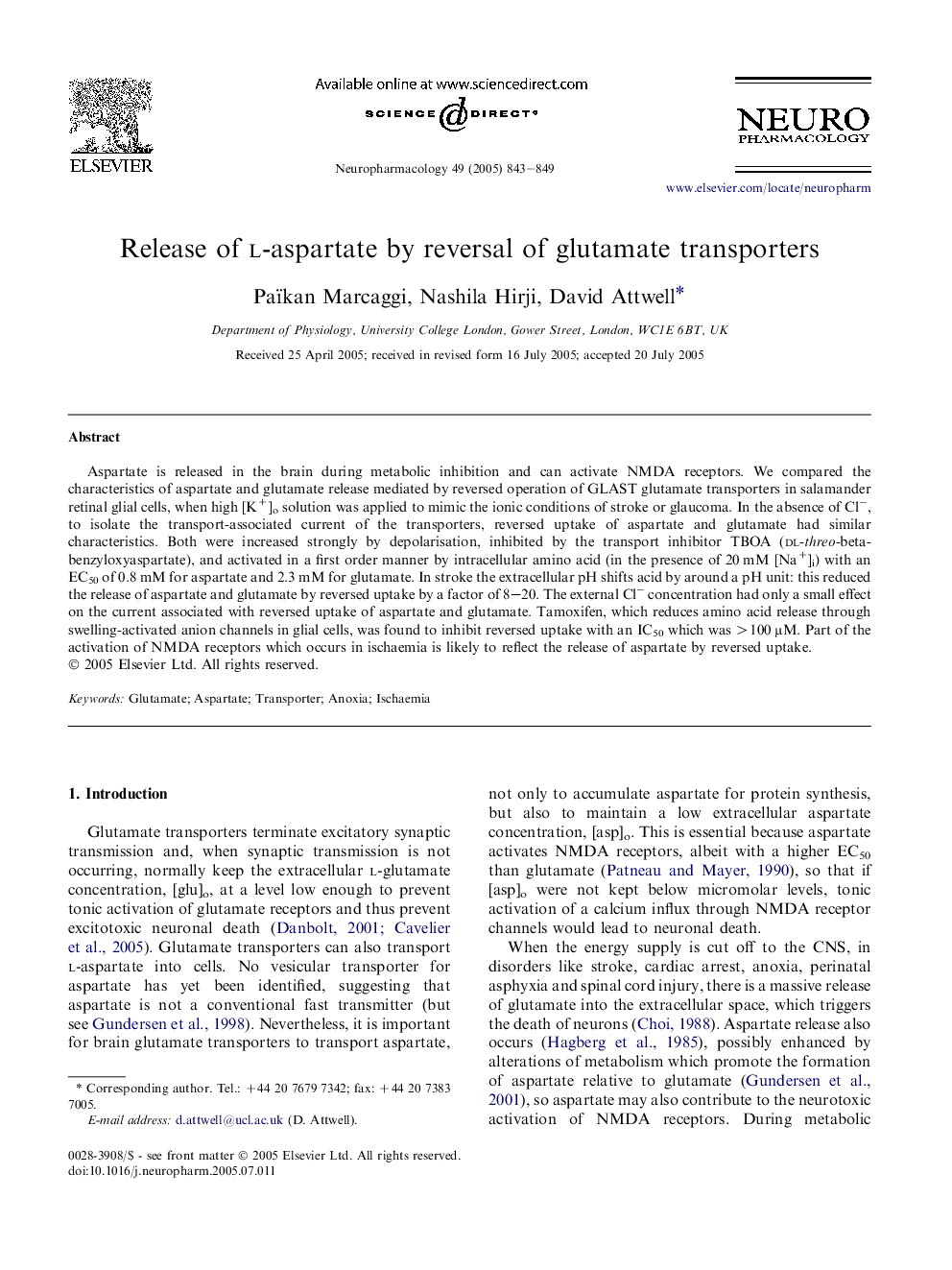 Release of l-aspartate by reversal of glutamate transporters