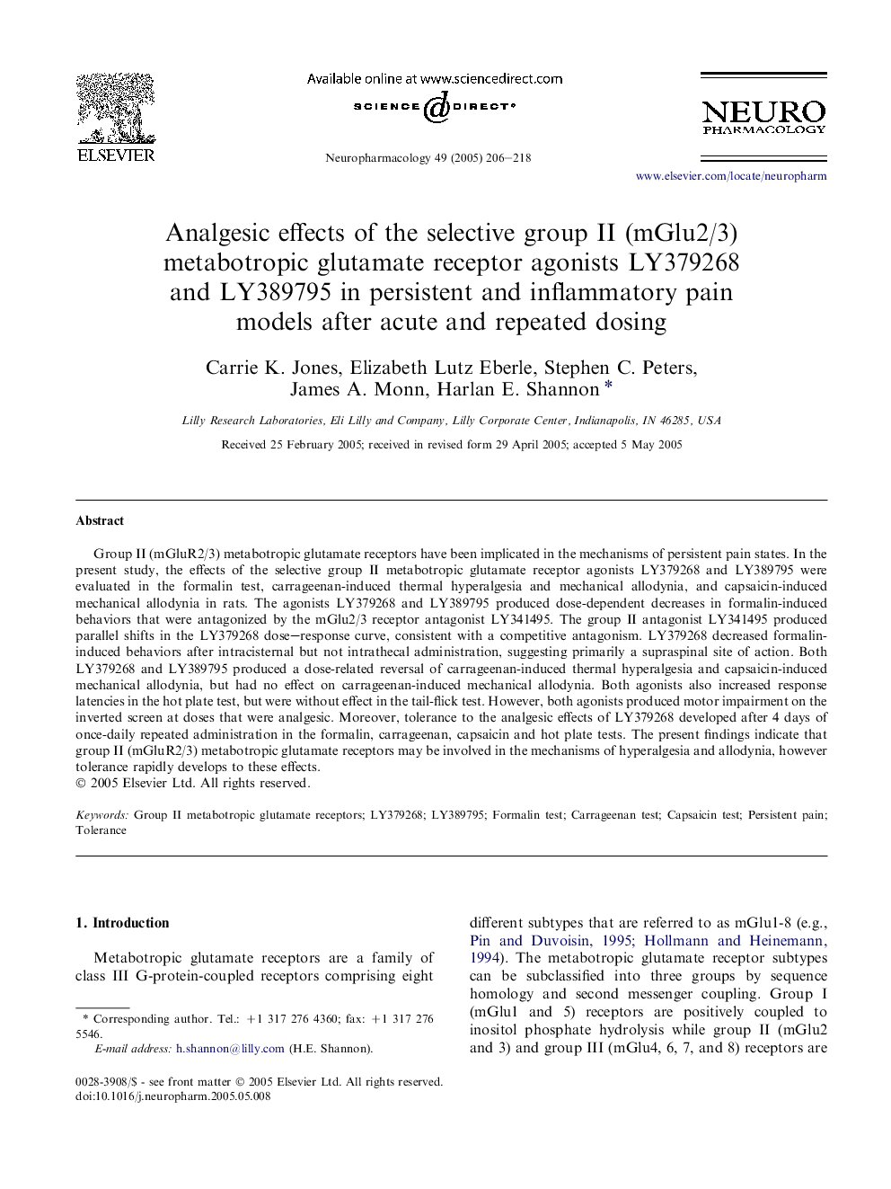 Analgesic effects of the selective group II (mGlu2/3) metabotropic glutamate receptor agonists LY379268 and LY389795 in persistent and inflammatory pain models after acute and repeated dosing