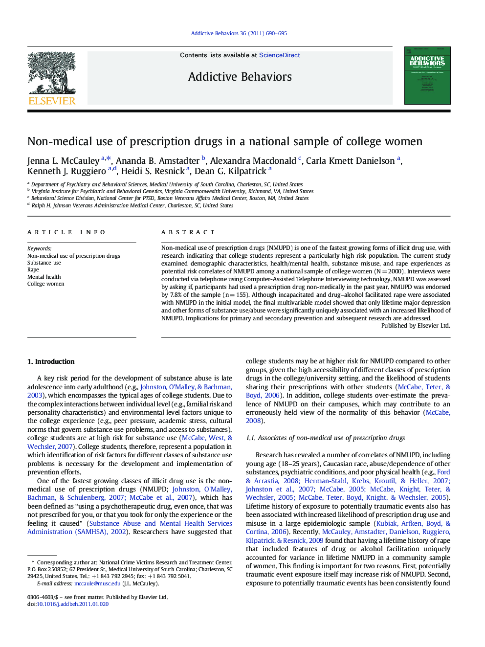 Non-medical use of prescription drugs in a national sample of college women