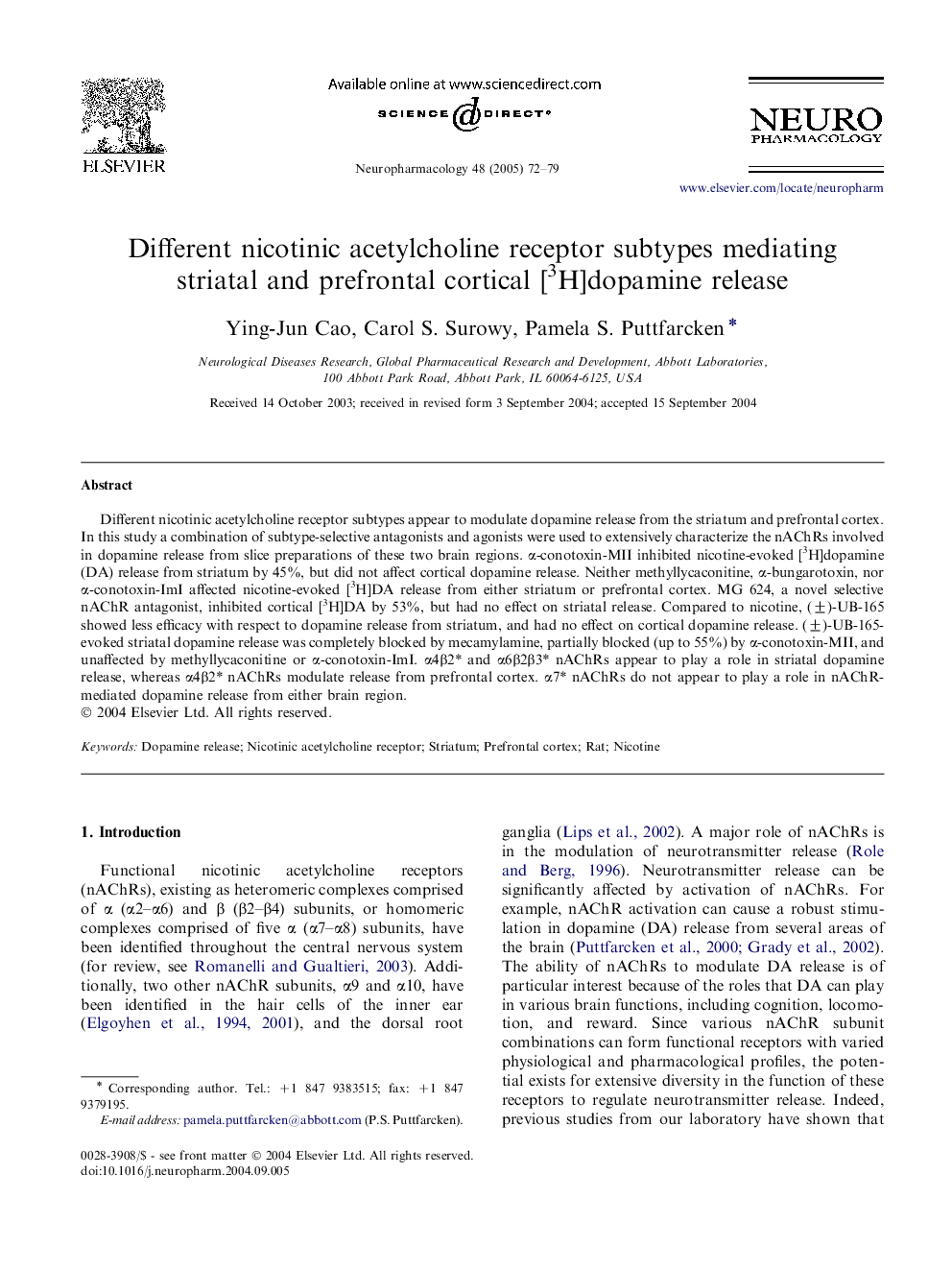 Different nicotinic acetylcholine receptor subtypes mediating striatal and prefrontal cortical [3H]dopamine release