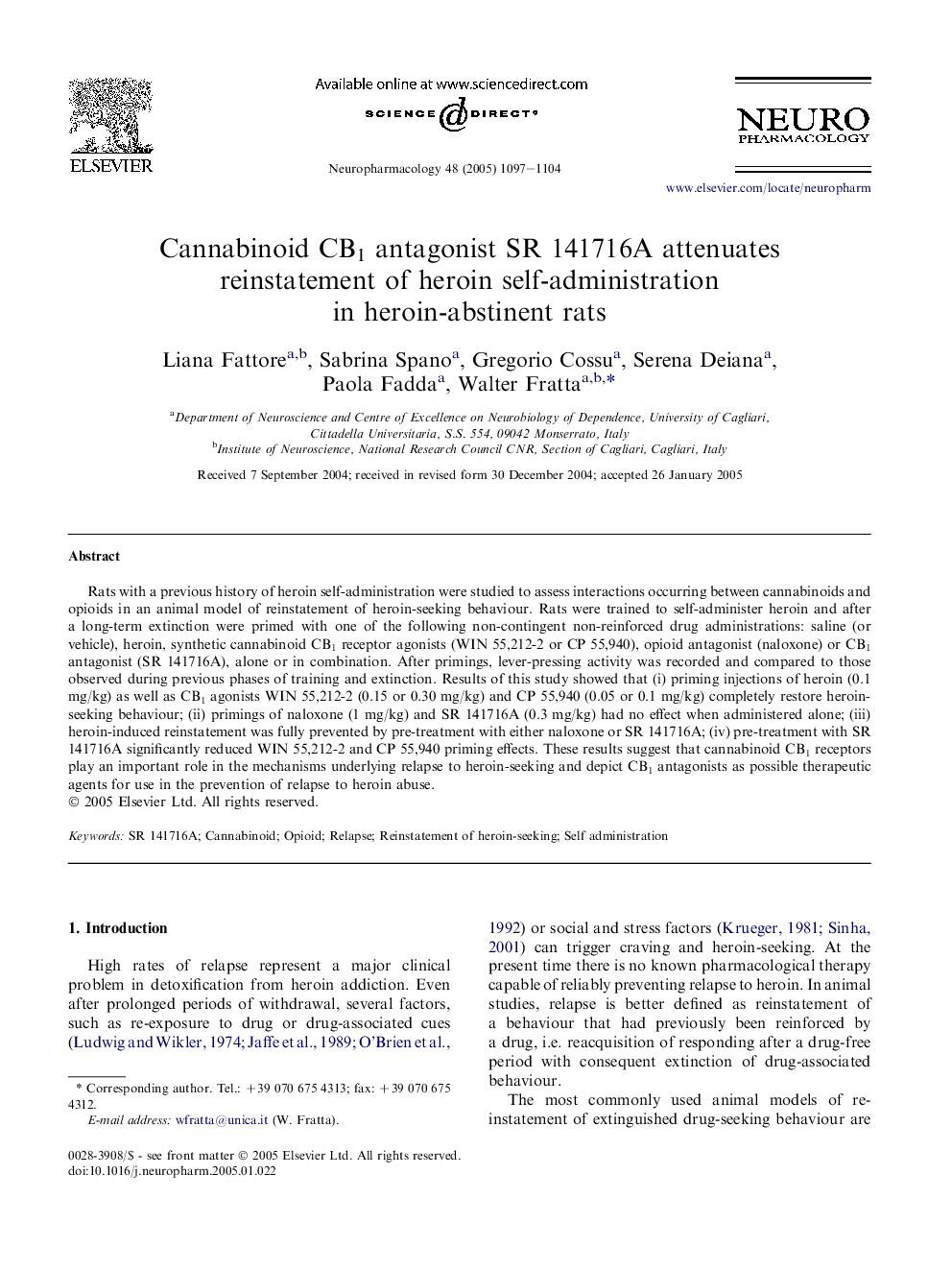 Cannabinoid CB1 antagonist SR 141716A attenuates reinstatement of heroin self-administration in heroin-abstinent rats