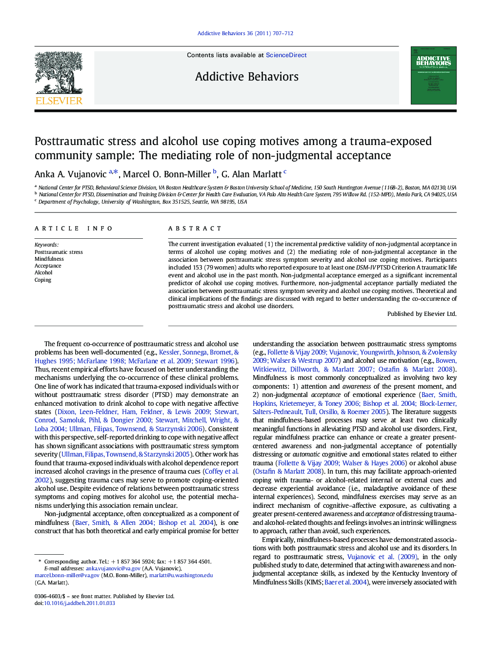 Posttraumatic stress and alcohol use coping motives among a trauma-exposed community sample: The mediating role of non-judgmental acceptance