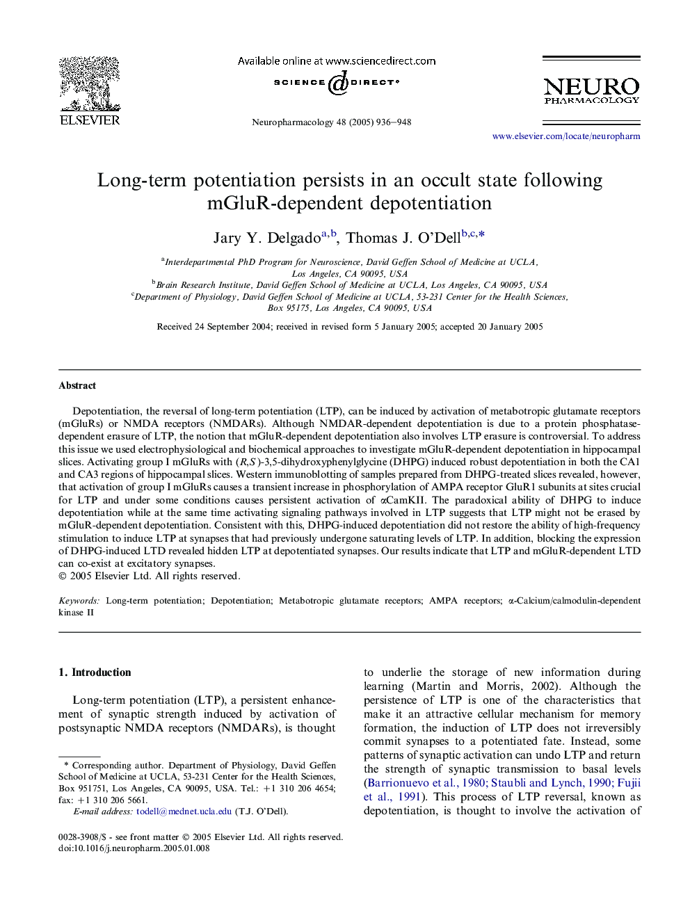 Long-term potentiation persists in an occult state following mGluR-dependent depotentiation