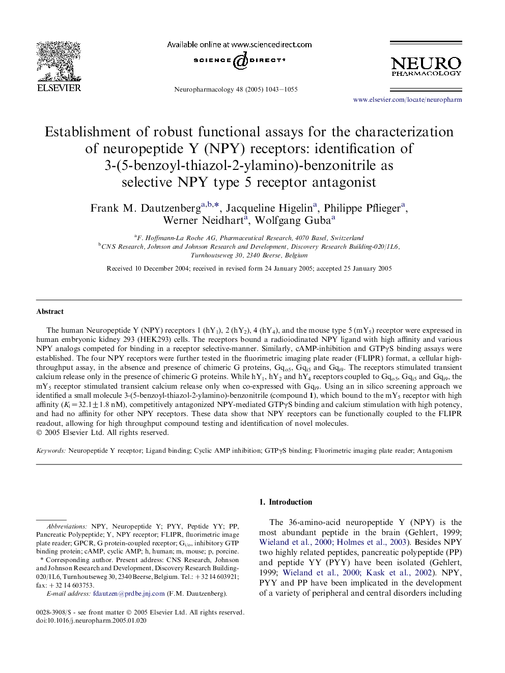 Establishment of robust functional assays for the characterization of neuropeptide Y (NPY) receptors: identification of 3-(5-benzoyl-thiazol-2-ylamino)-benzonitrile as selective NPY type 5 receptor antagonist