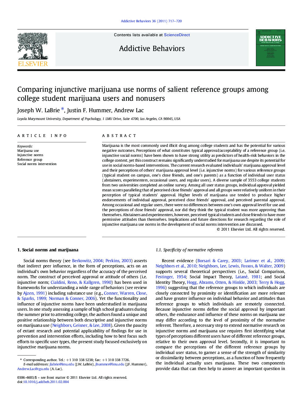 Comparing injunctive marijuana use norms of salient reference groups among college student marijuana users and nonusers