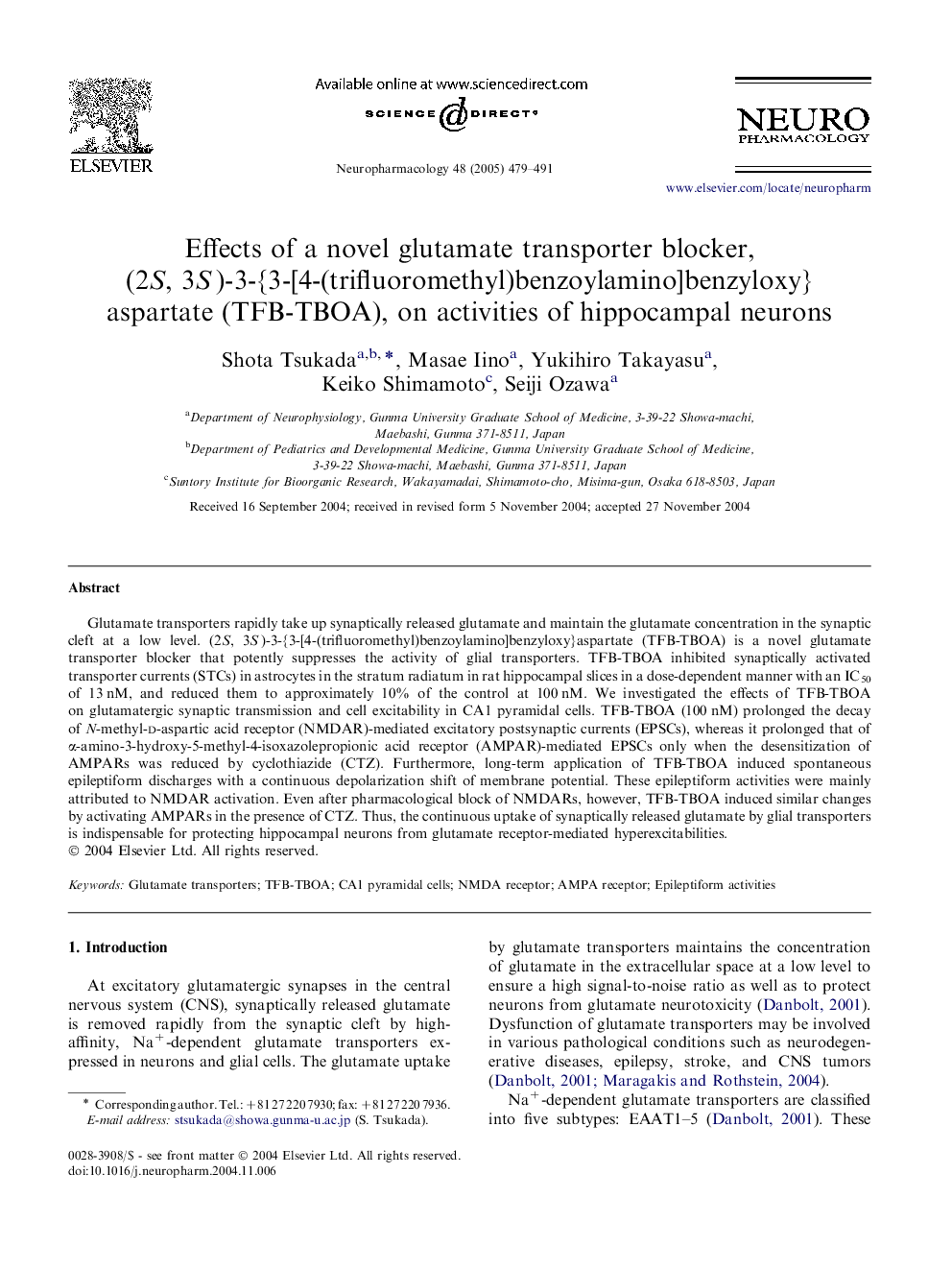 Effects of a novel glutamate transporter blocker, (2S, 3S)-3-{3-[4-(trifluoromethyl)benzoylamino]benzyloxy}aspartate (TFB-TBOA), on activities of hippocampal neurons