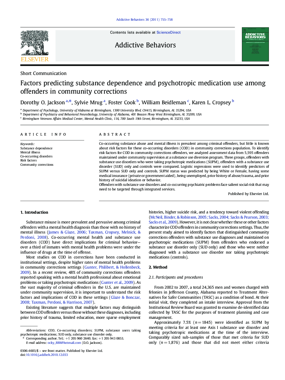 Factors predicting substance dependence and psychotropic medication use among offenders in community corrections