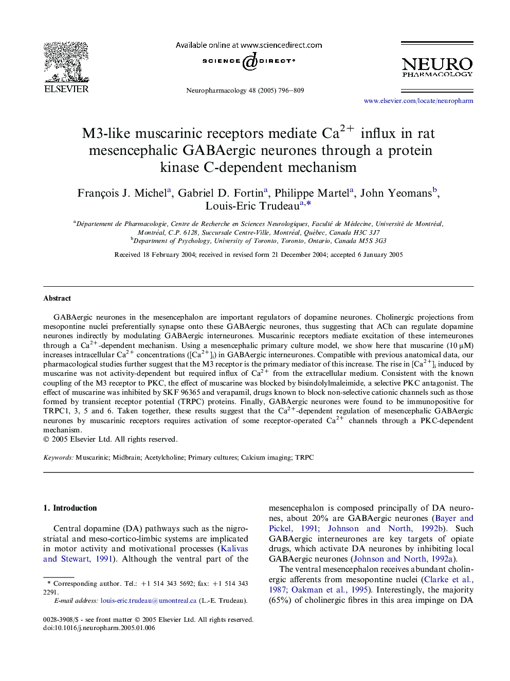 M3-like muscarinic receptors mediate Ca2+ influx in rat mesencephalic GABAergic neurones through a protein kinase C-dependent mechanism