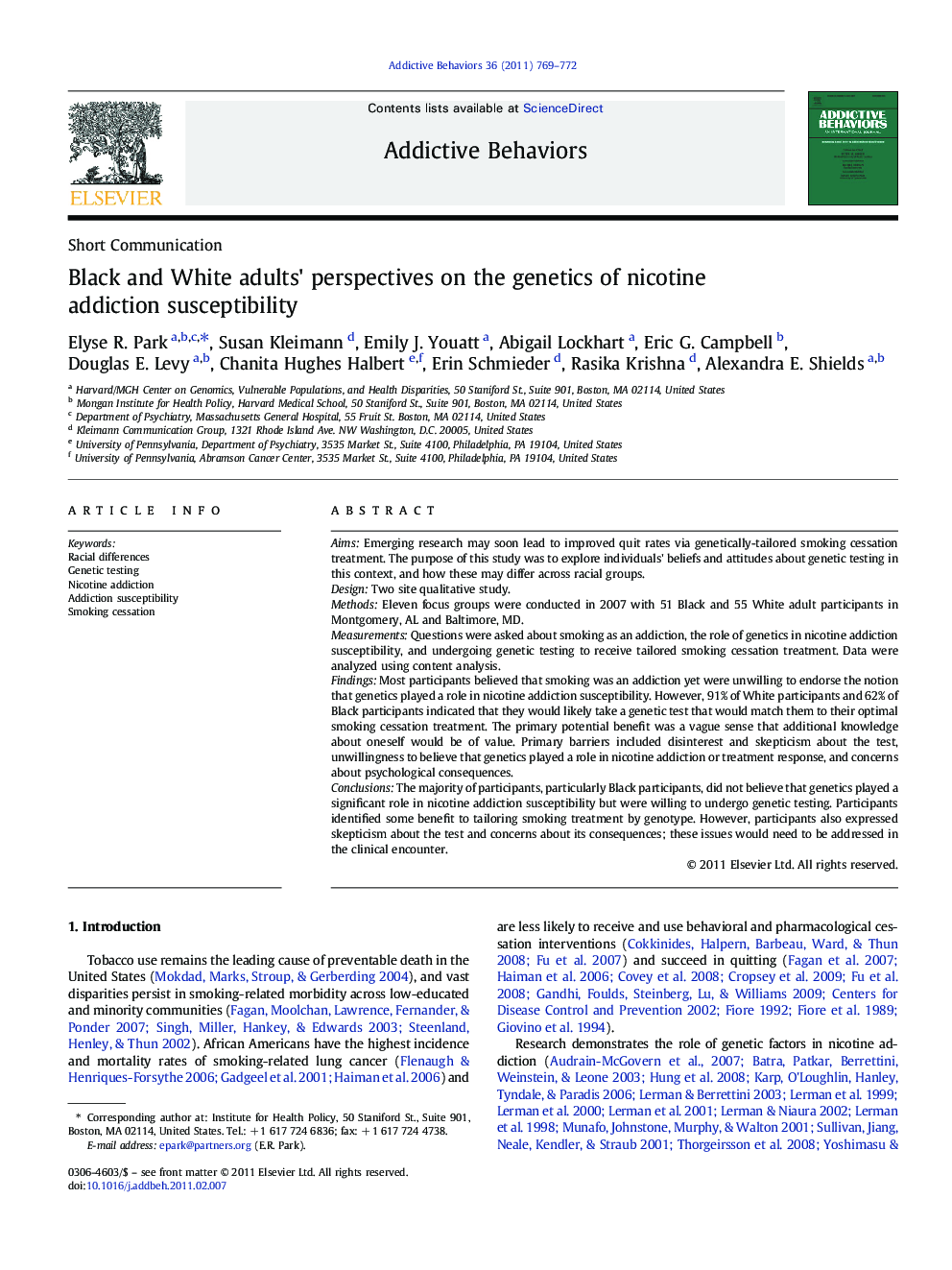 Black and White adults' perspectives on the genetics of nicotine addiction susceptibility