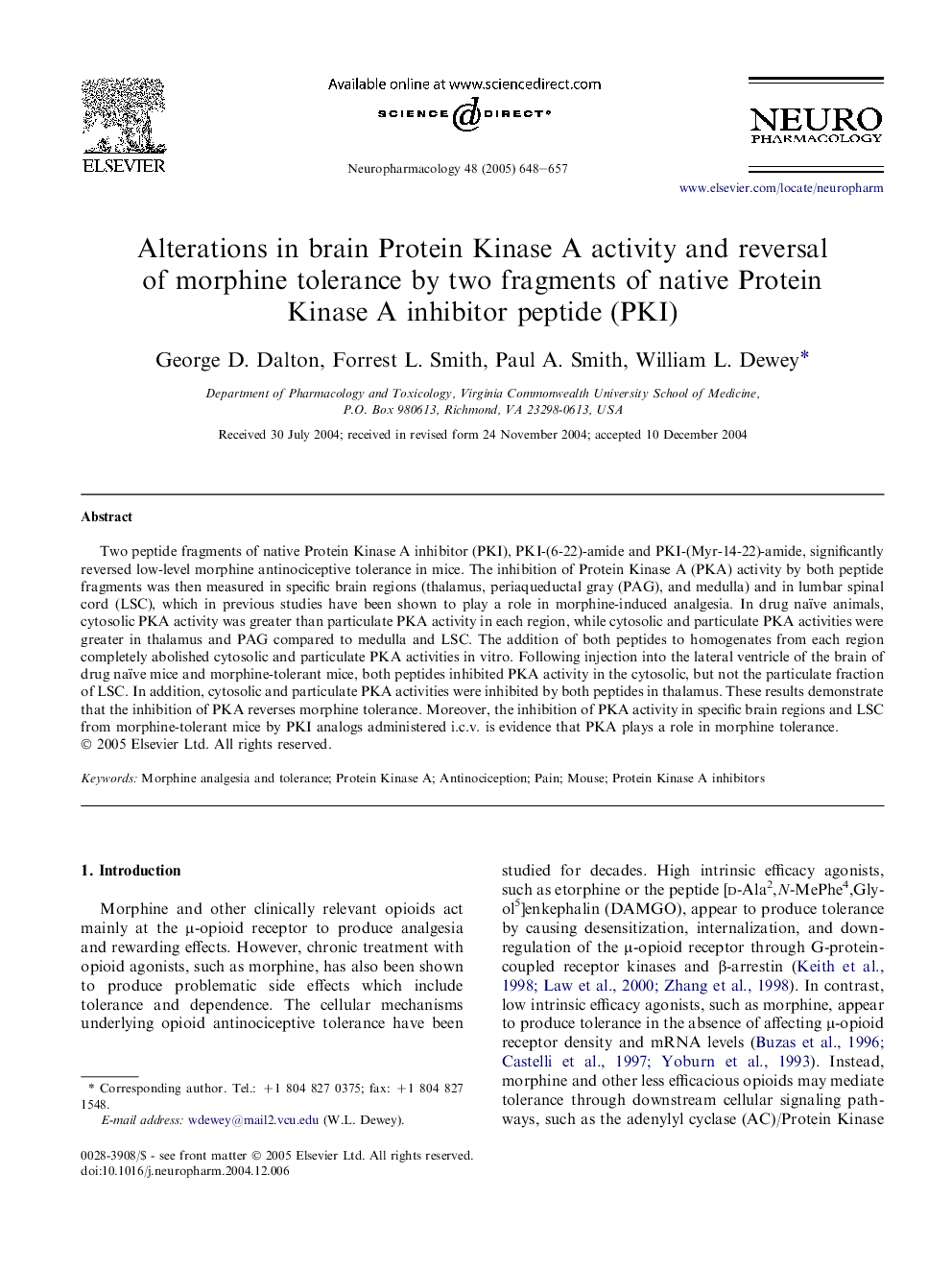 Alterations in brain Protein Kinase A activity and reversal of morphine tolerance by two fragments of native Protein Kinase A inhibitor peptide (PKI)