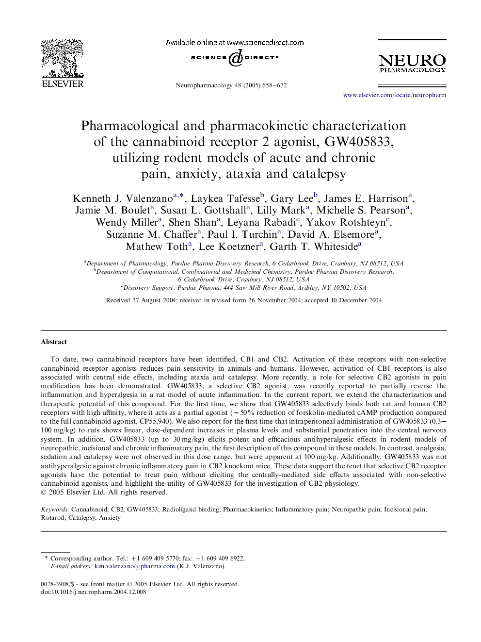 Pharmacological and pharmacokinetic characterization of the cannabinoid receptor 2 agonist, GW405833, utilizing rodent models of acute and chronic pain, anxiety, ataxia and catalepsy