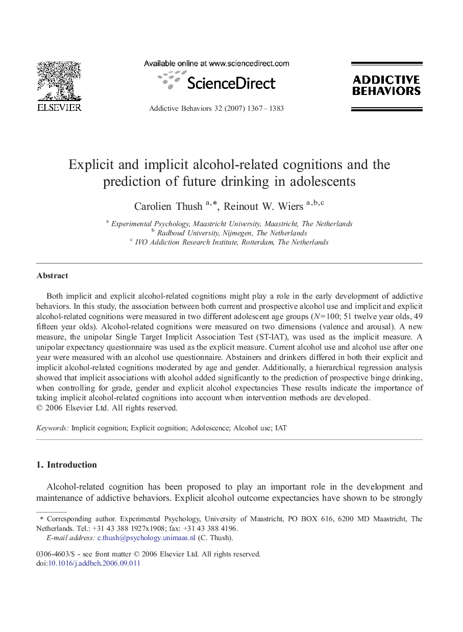 Explicit and implicit alcohol-related cognitions and the prediction of future drinking in adolescents