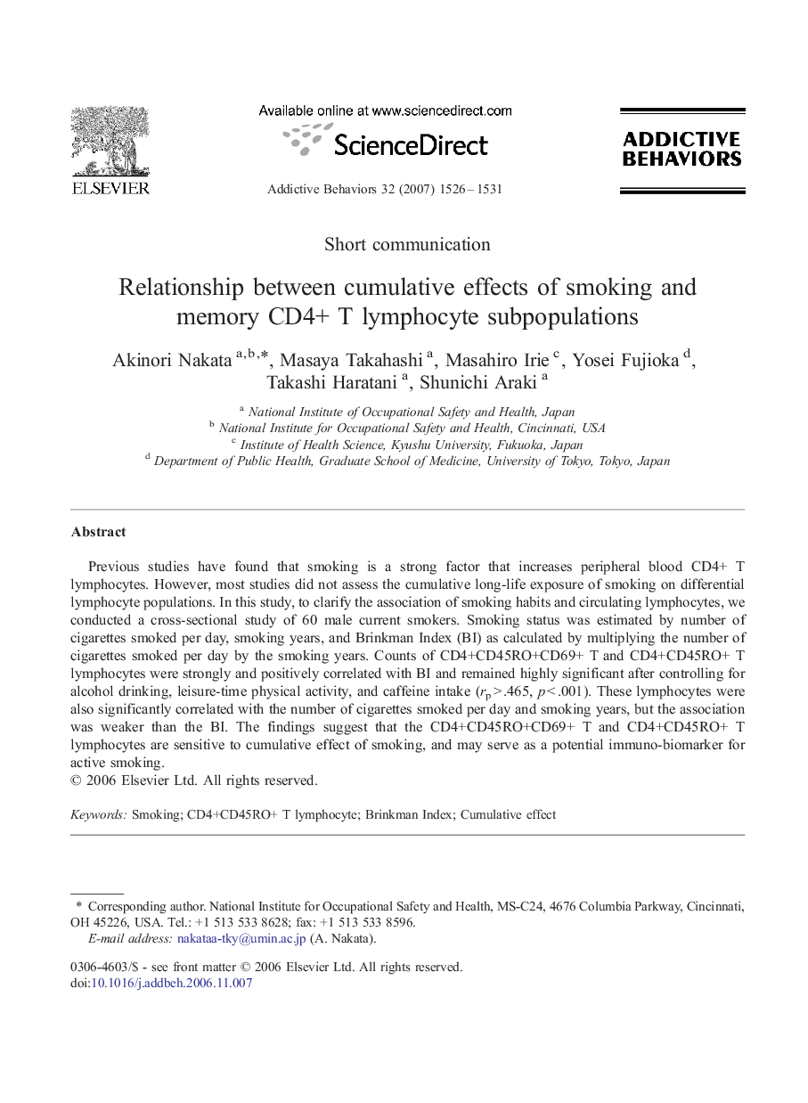 Relationship between cumulative effects of smoking and memory CD4+ T lymphocyte subpopulations