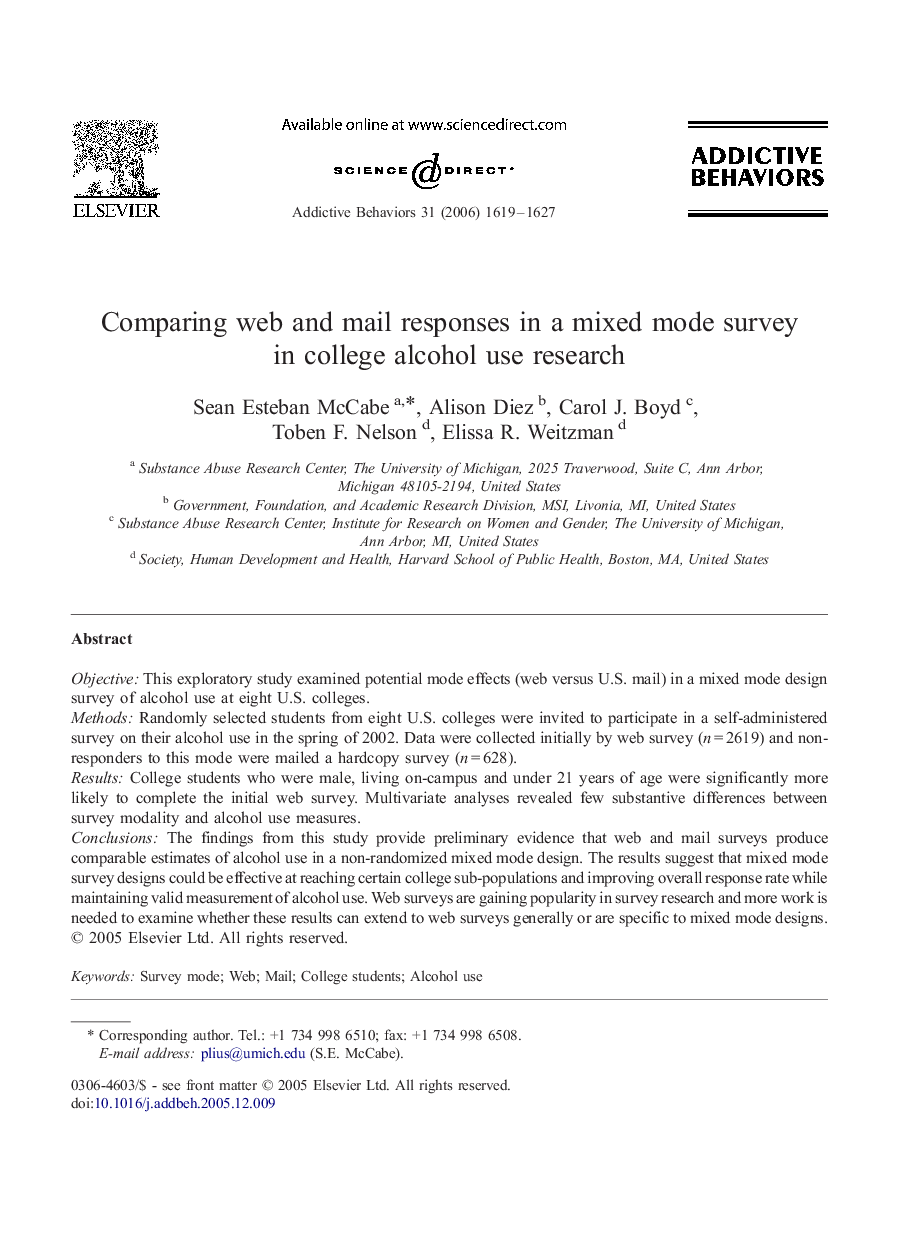 Comparing web and mail responses in a mixed mode survey in college alcohol use research