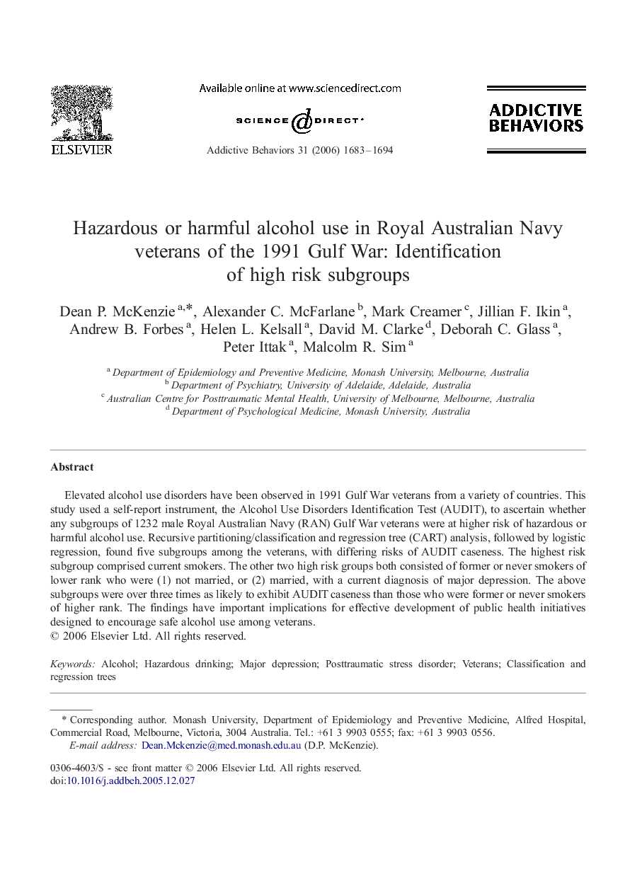 Hazardous or harmful alcohol use in Royal Australian Navy veterans of the 1991 Gulf War: Identification of high risk subgroups