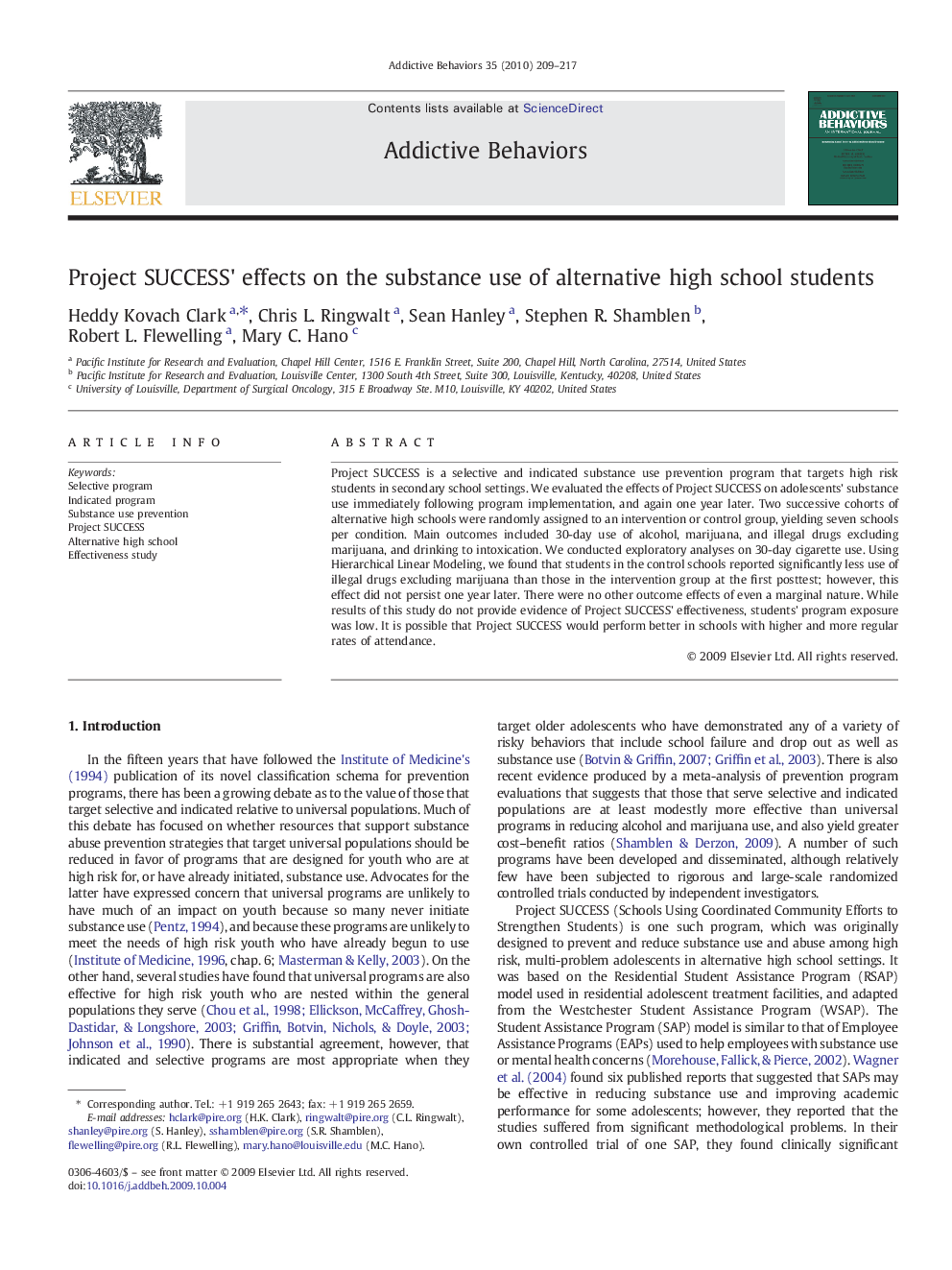 Project SUCCESS' effects on the substance use of alternative high school students