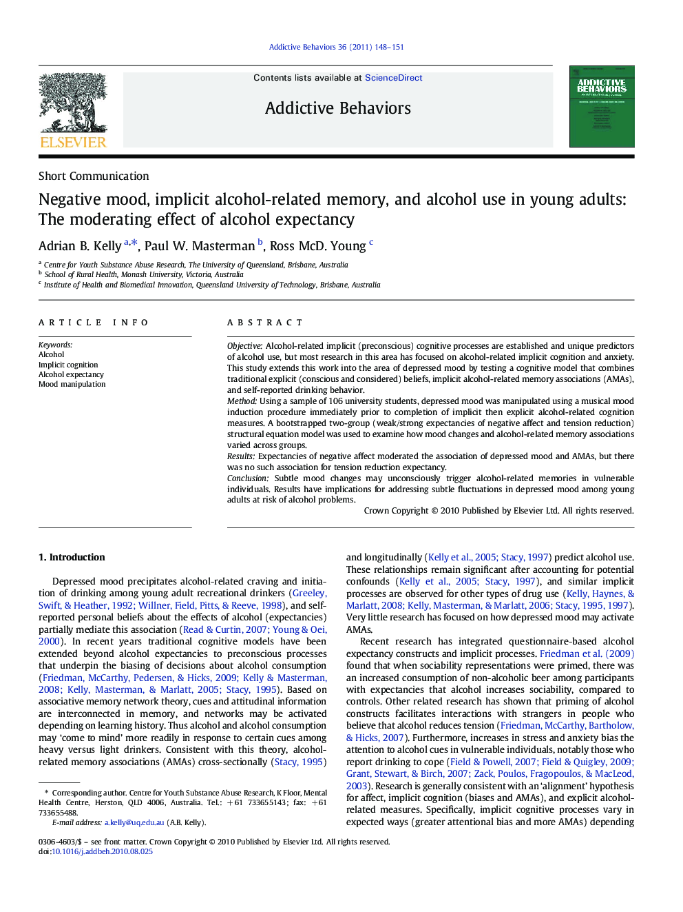 Negative mood, implicit alcohol-related memory, and alcohol use in young adults: The moderating effect of alcohol expectancy