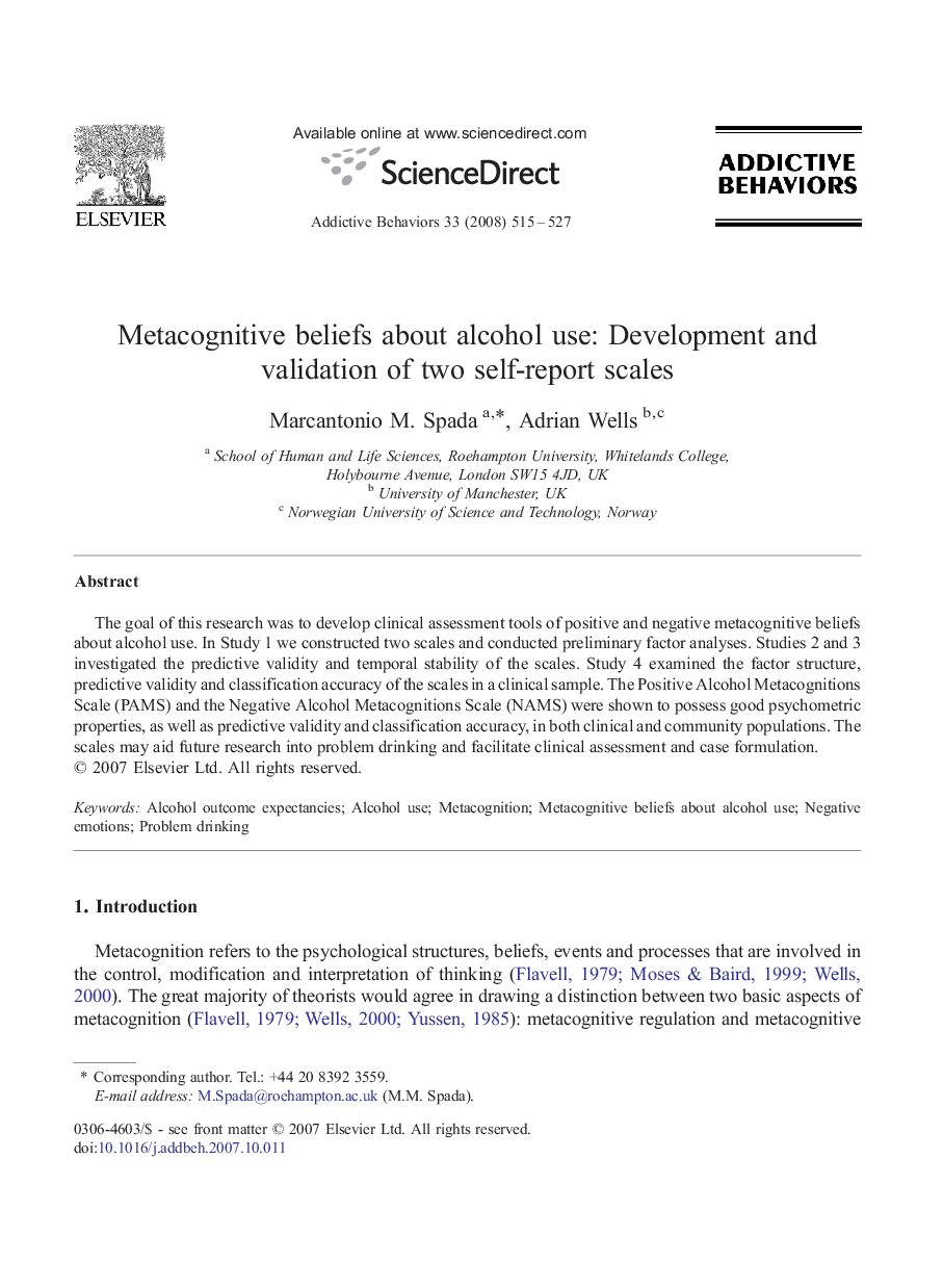 Metacognitive beliefs about alcohol use: Development and validation of two self-report scales