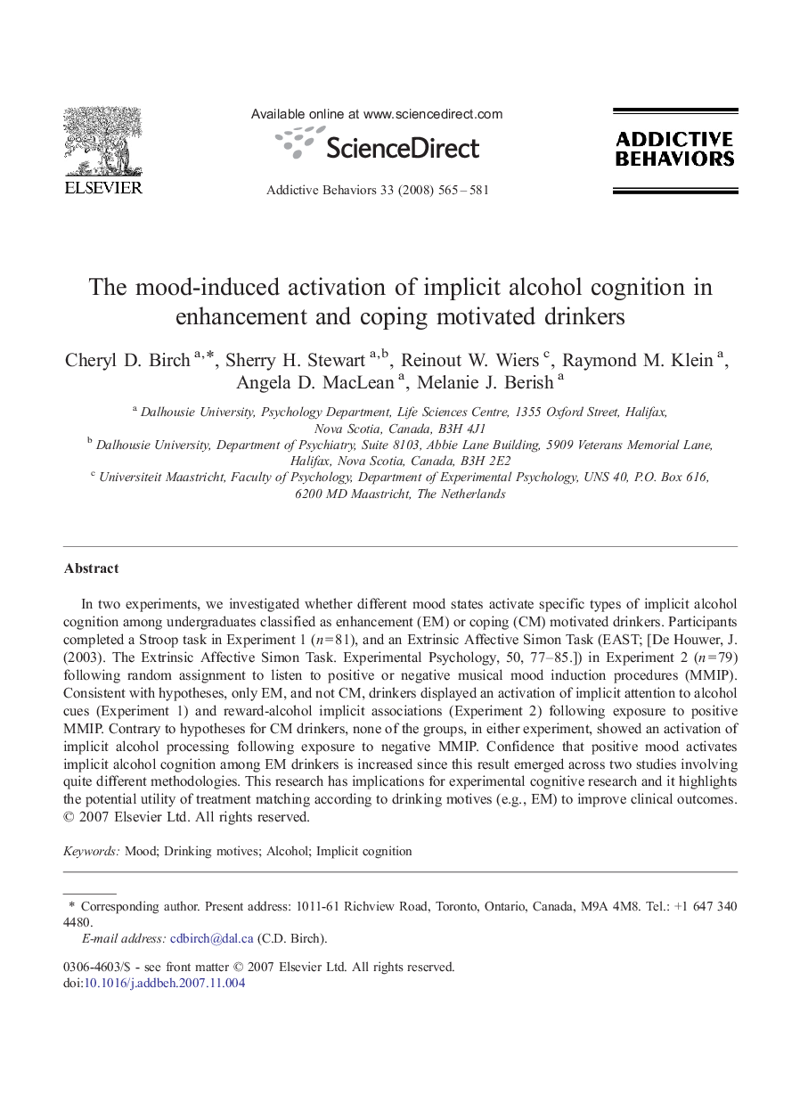 The mood-induced activation of implicit alcohol cognition in enhancement and coping motivated drinkers