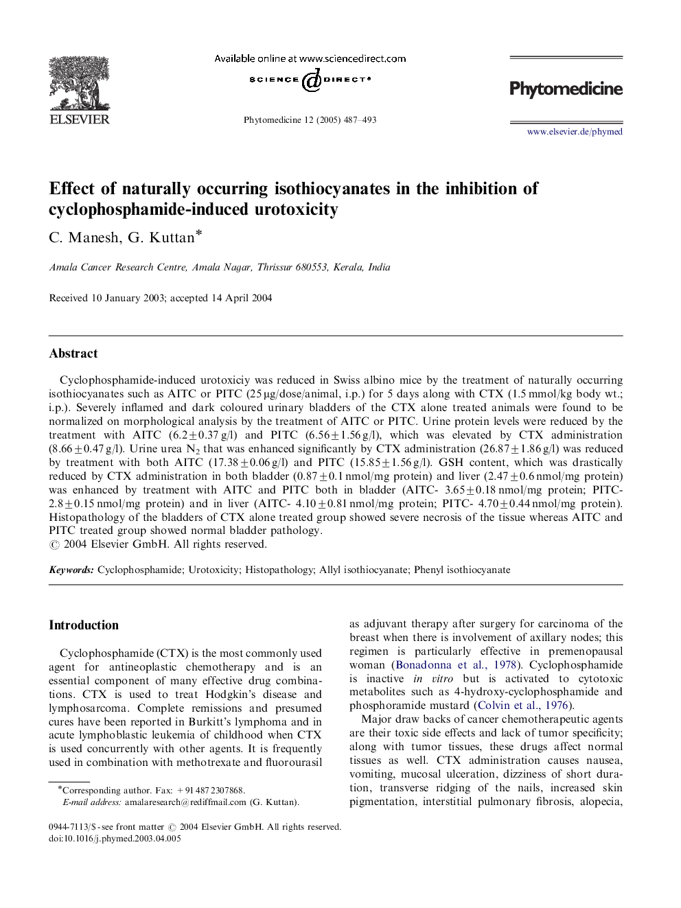 Effect of naturally occurring isothiocyanates in the inhibition of cyclophosphamide-induced urotoxicity